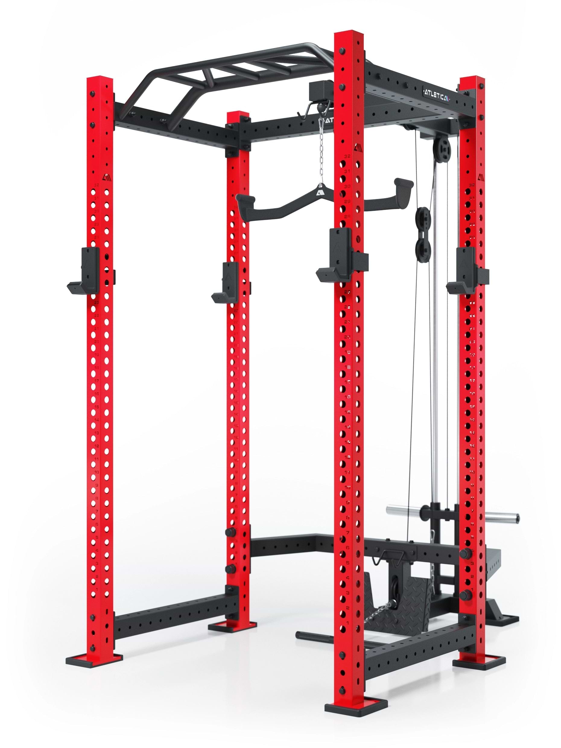 Atletica Power Rack R8 BlackHawk mit Klimmzugstange, Kabelzug und roten Uprights