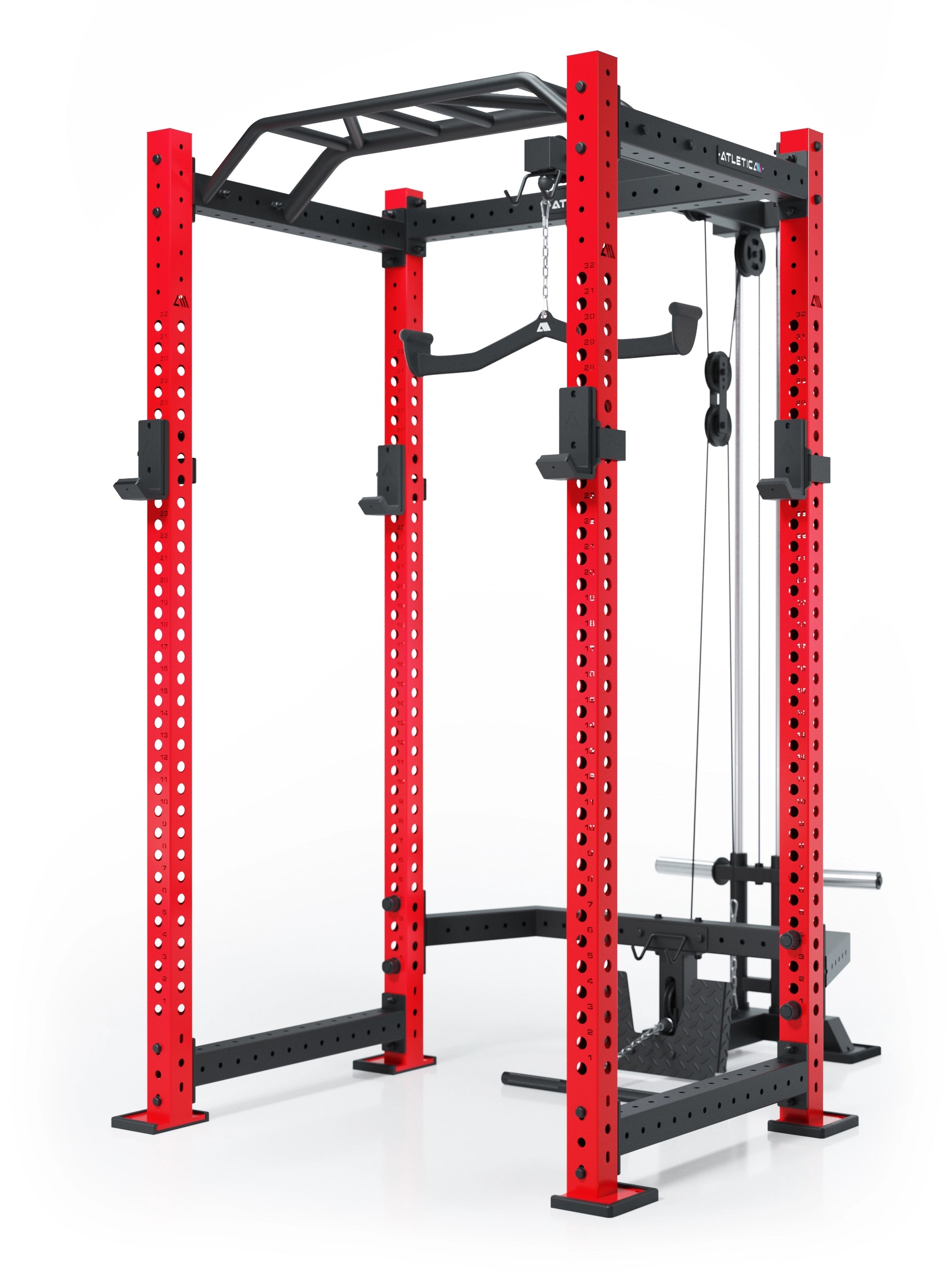 Atletica Power Rack R8 BlackHawk mit Klimmzugstange, Kabelzug und roten Uprights