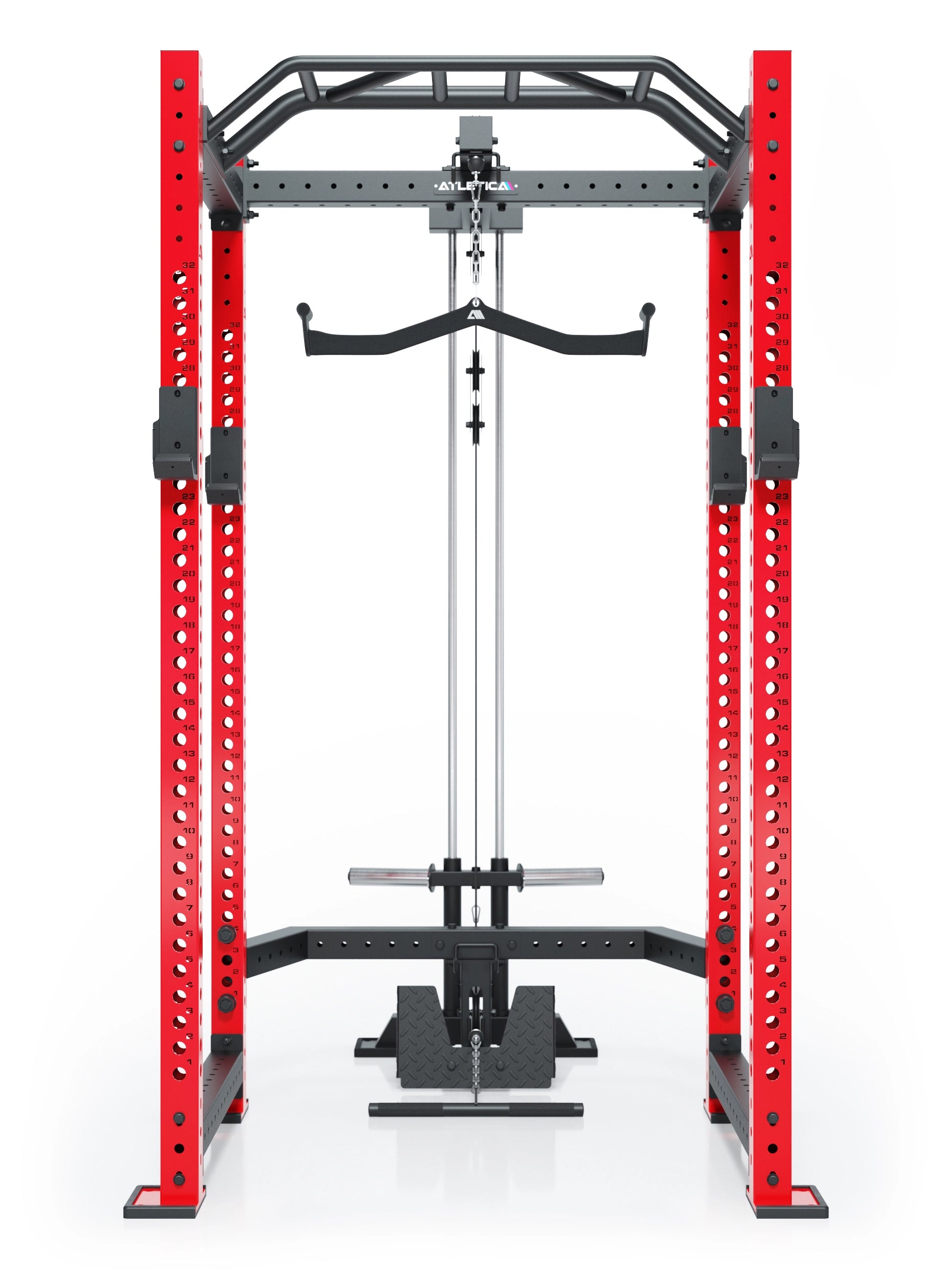 Power Rack R8 BlackHawk mit Kabelzug, Klimmzugstange und roten Uprights