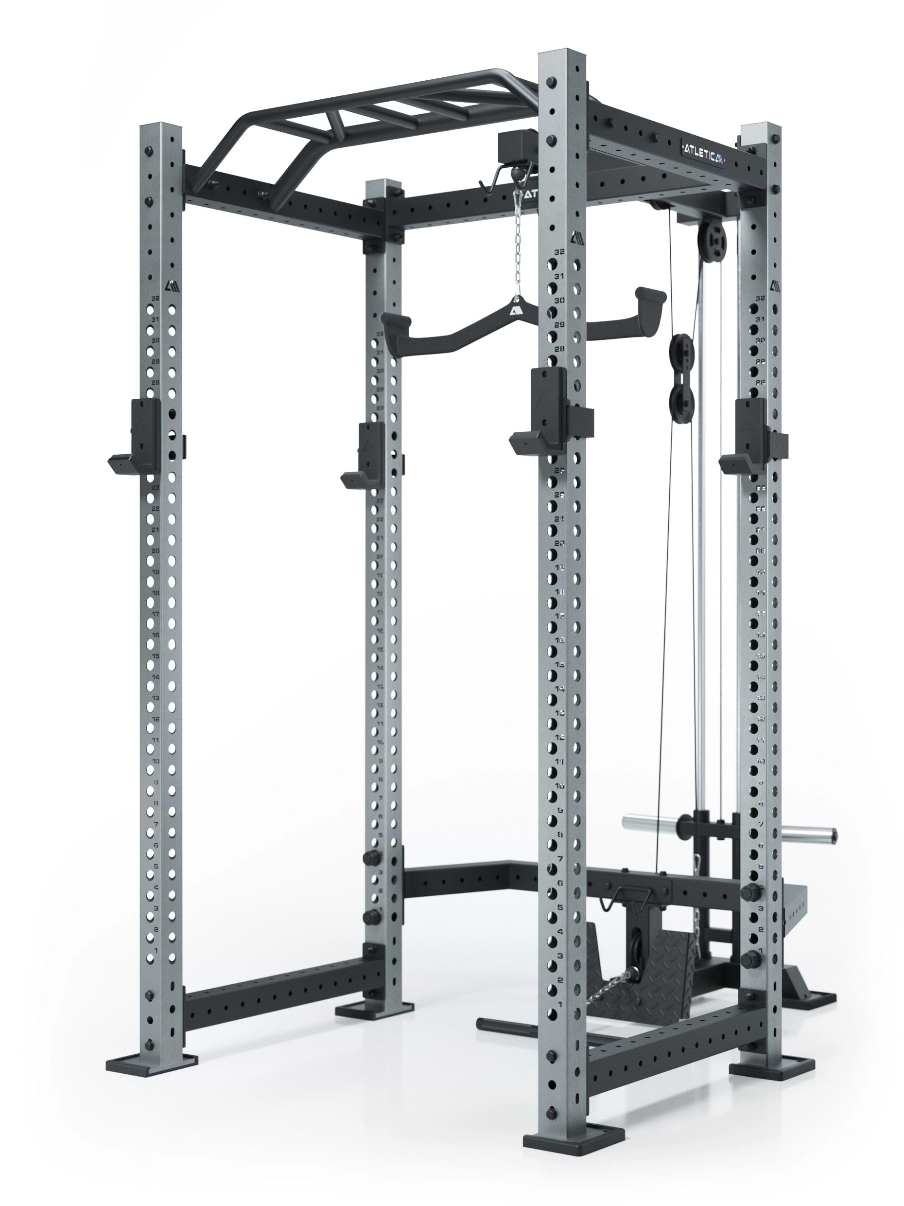 Atletica Power Rack R8 BlackHawk mit Klimmzugstange, Kabelzug und Uprights aus Edelstahl