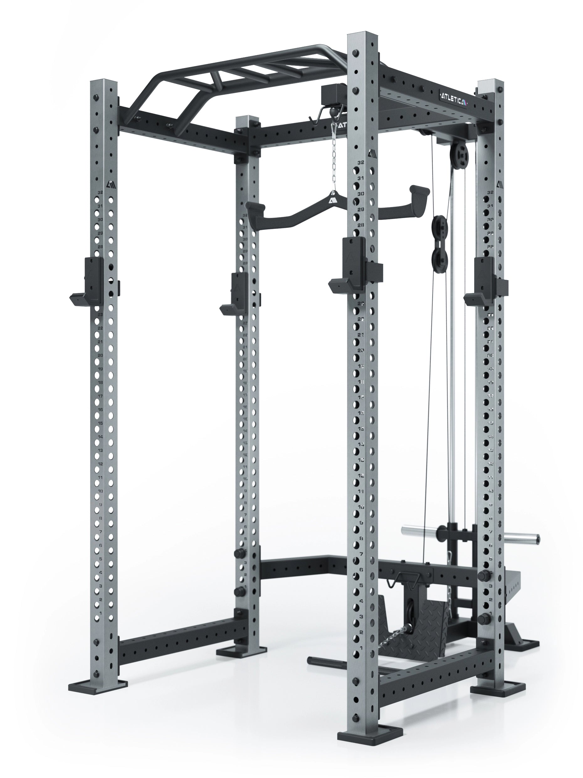 Atletica Power Rack R8 BlackHawk mit Klimmzugstange, Kabelzug und Uprights aus Edelstahl