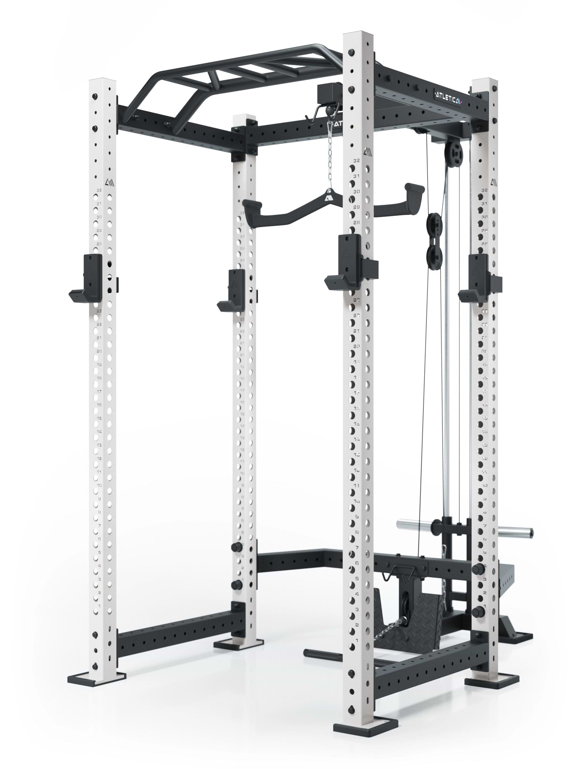 Atletica Power Rack R8 BlackHawk mit Klimmzugstange, Kabelzug und weißen Uprights