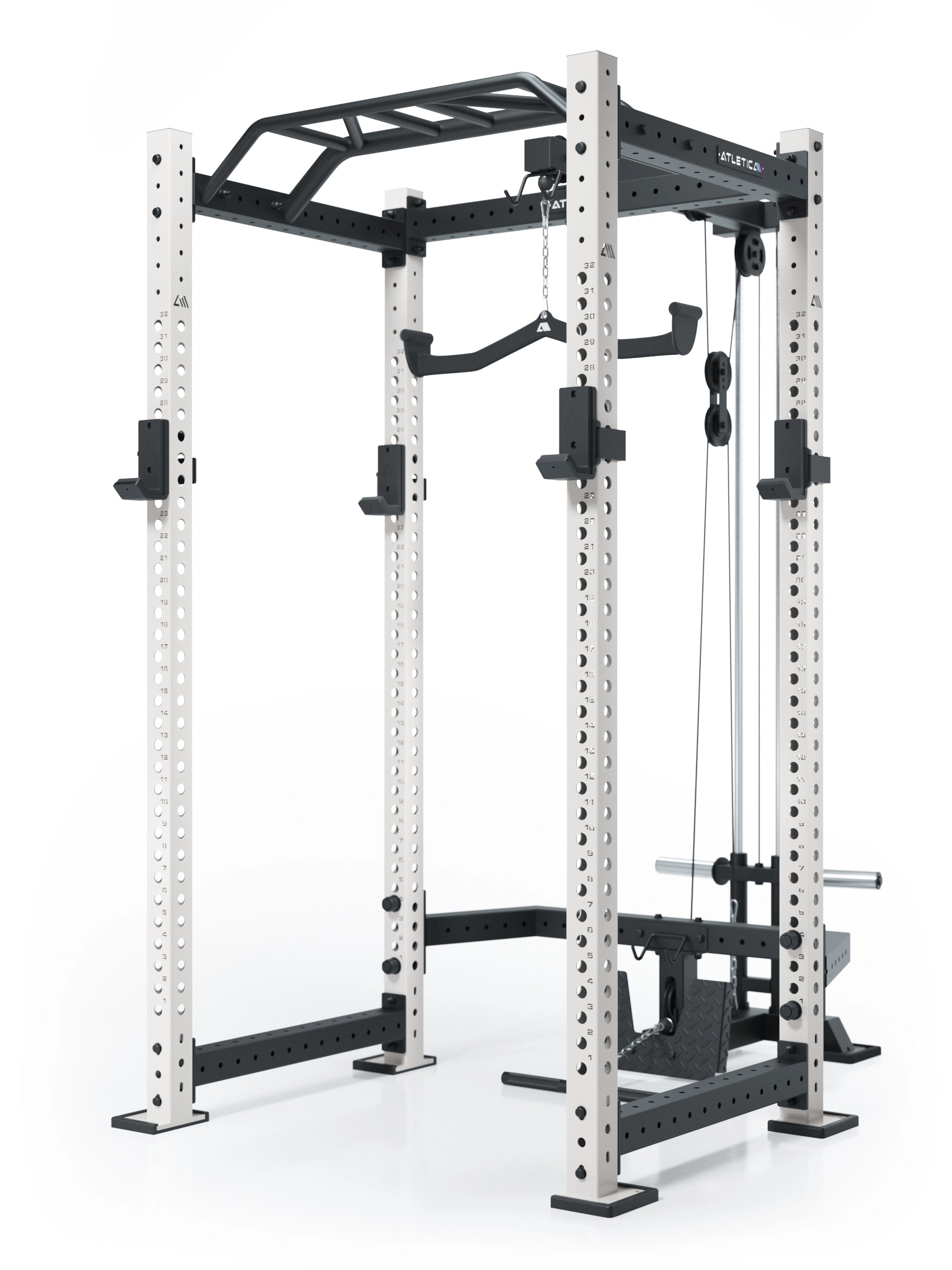 Atletica Power Rack R8 BlackHawk mit Klimmzugstange, Kabelzug und weißen Uprights