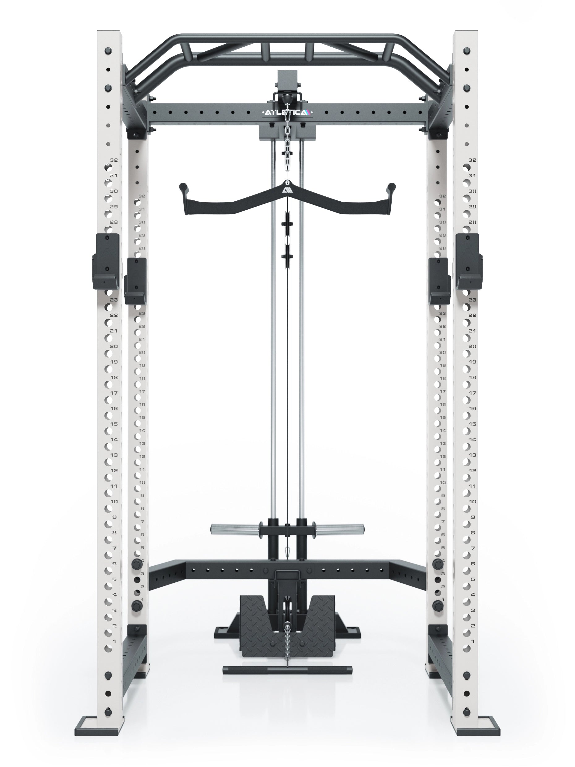 Power Rack R8 BlackHawk mit Kabelzug, Klimmzugstange und weißen Uprights