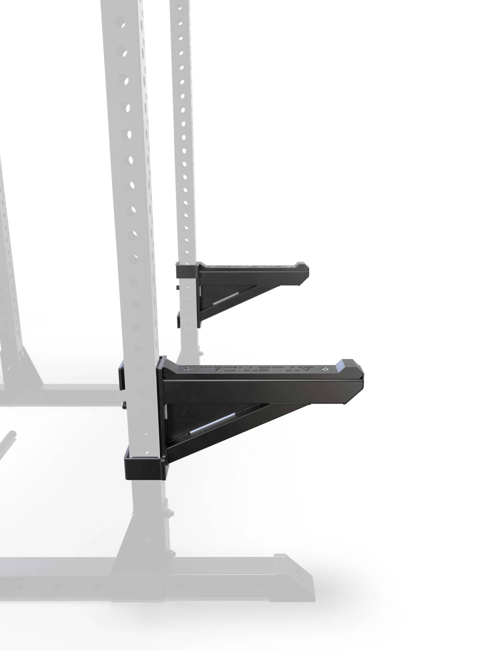 R7 Safety Spotter Arms, Paar, in Schwarz - Seitenansicht, montiert am R7 Power Rack