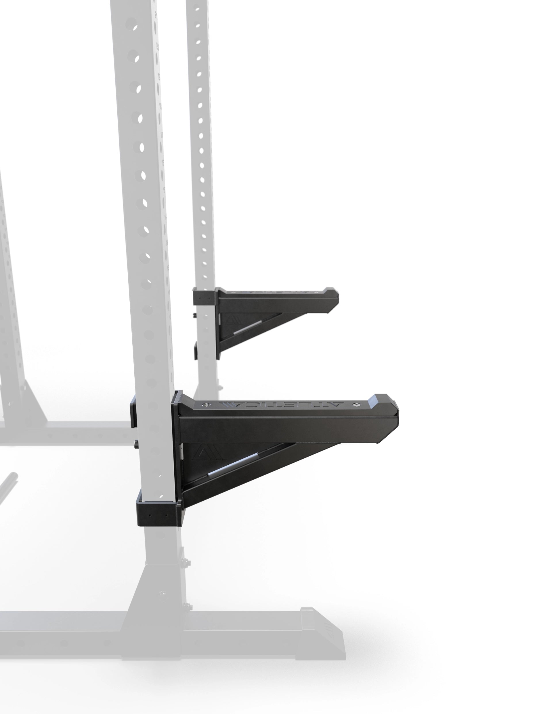 R7 Safety Spotter Arms, Paar, in Schwarz - Seitenansicht, montiert am R7 Power Rack