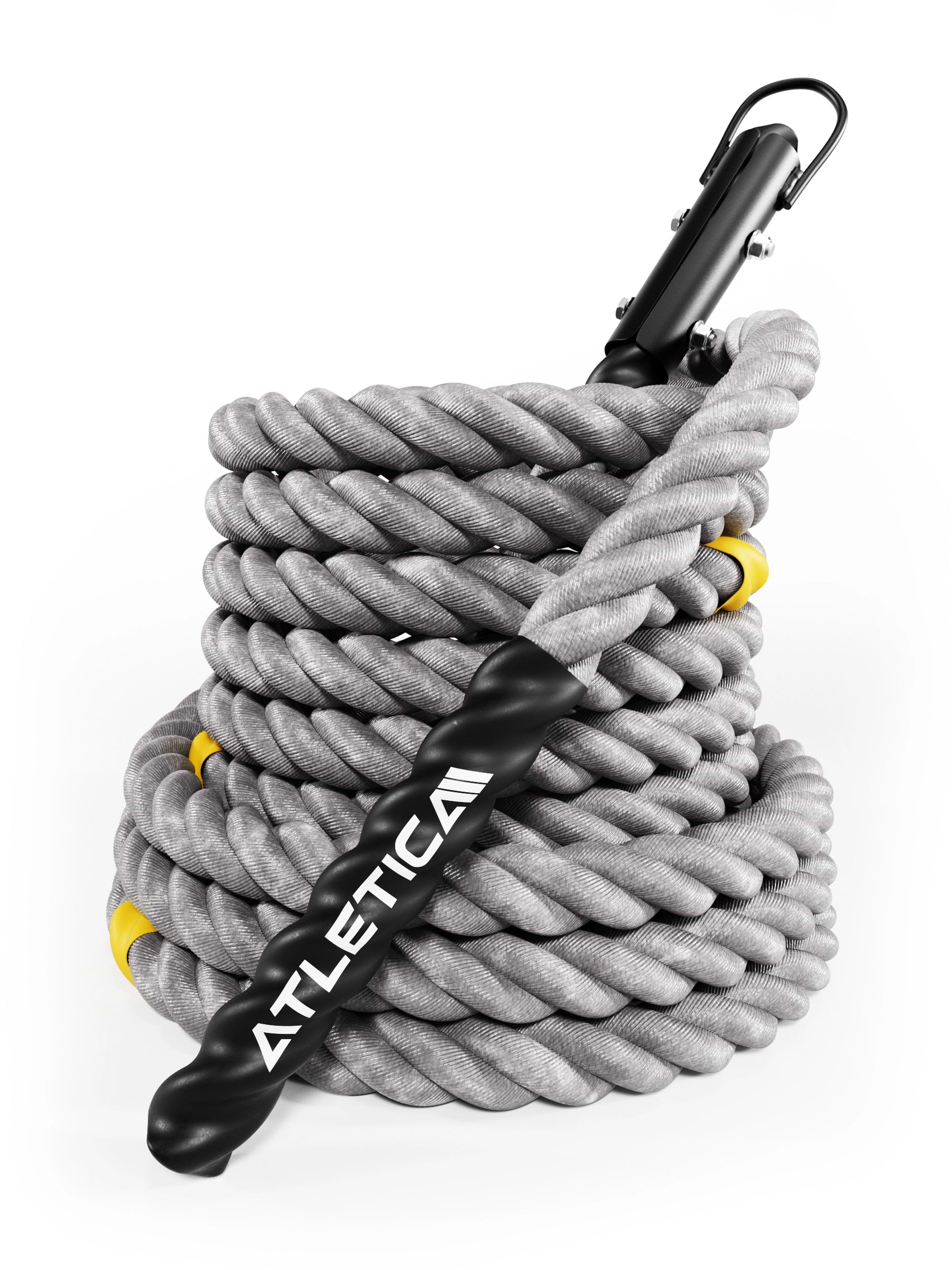 HRX Power Rope 15 m Detailansicht von Atletica mit robuster Metallhalterung und Seilverbindung