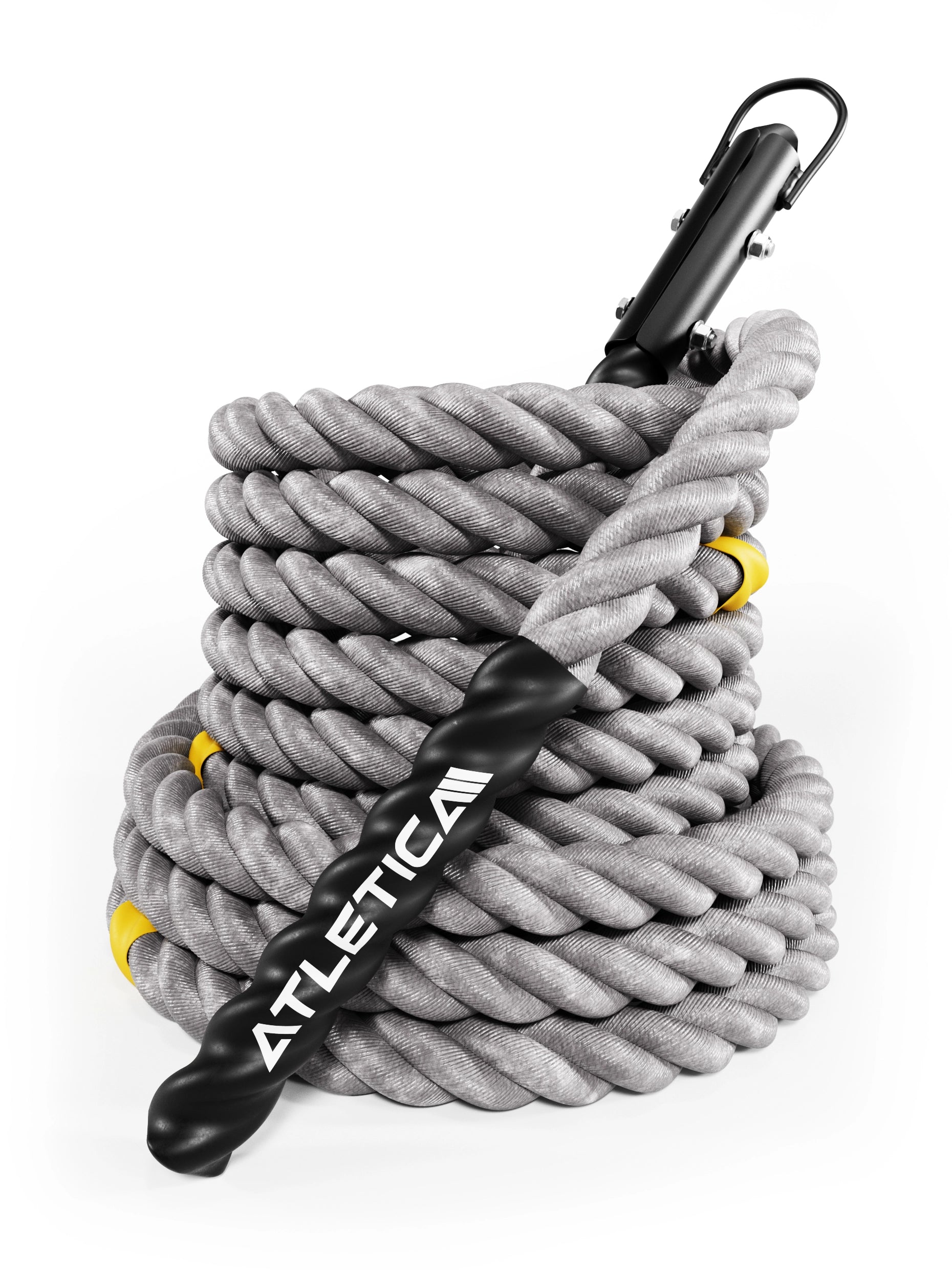 HRX Power Rope 15 m Detailansicht von Atletica mit robuster Metallhalterung und Seilverbindung