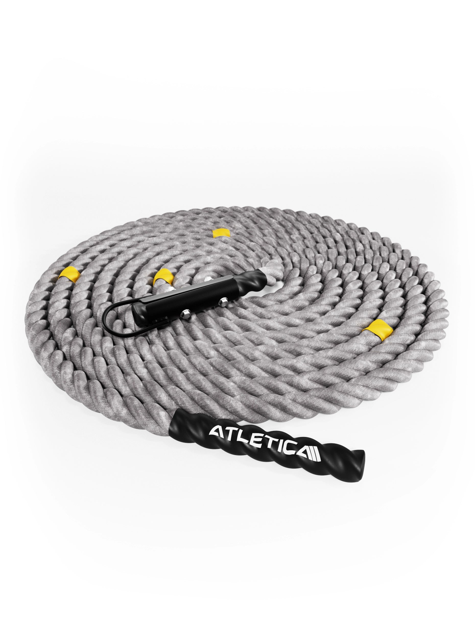 Atletica Battle Rope HRX Power Rope 15 m aufgerollt mit strukturiertem Seil und schwarzem Griff