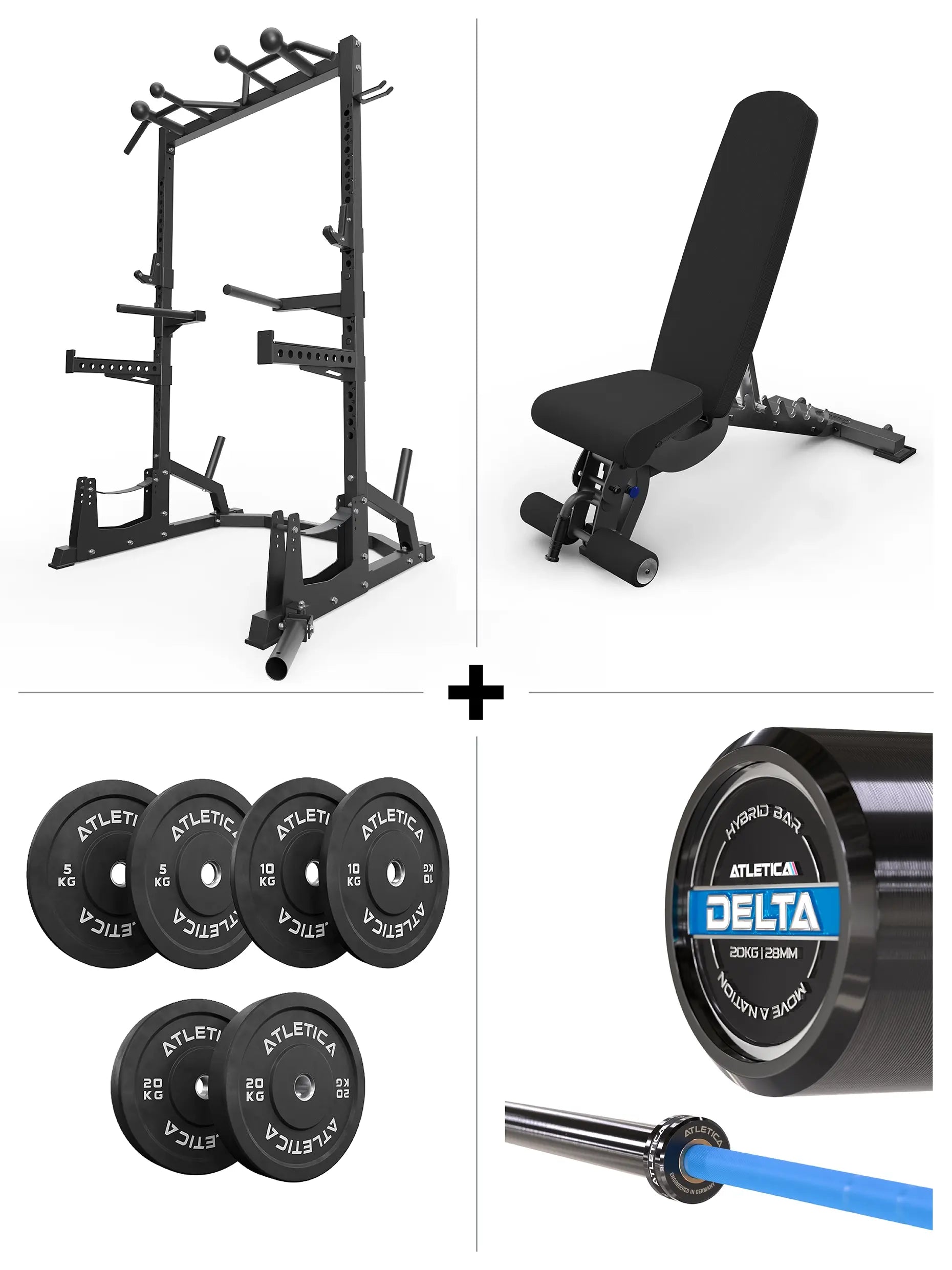 R7 Half Rack Set von Atletica: mit Delta Langhantel in blau, Bumper Plates 70kg und B6 Hantelbank