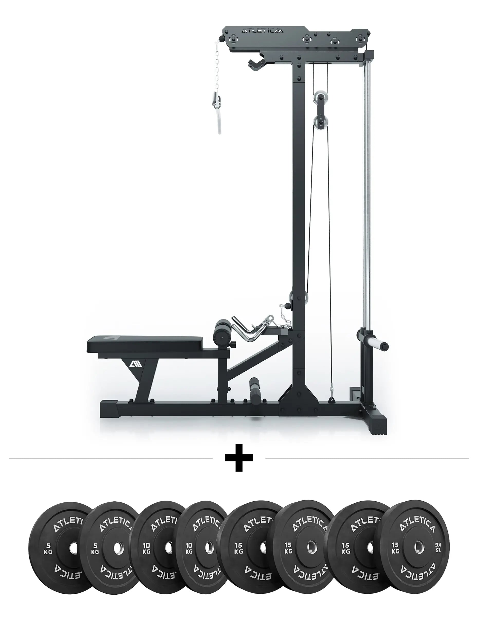 Latzug und Ruderstation Plate Loaded Set mit Bumper Plates Hantelscheiben 90kg