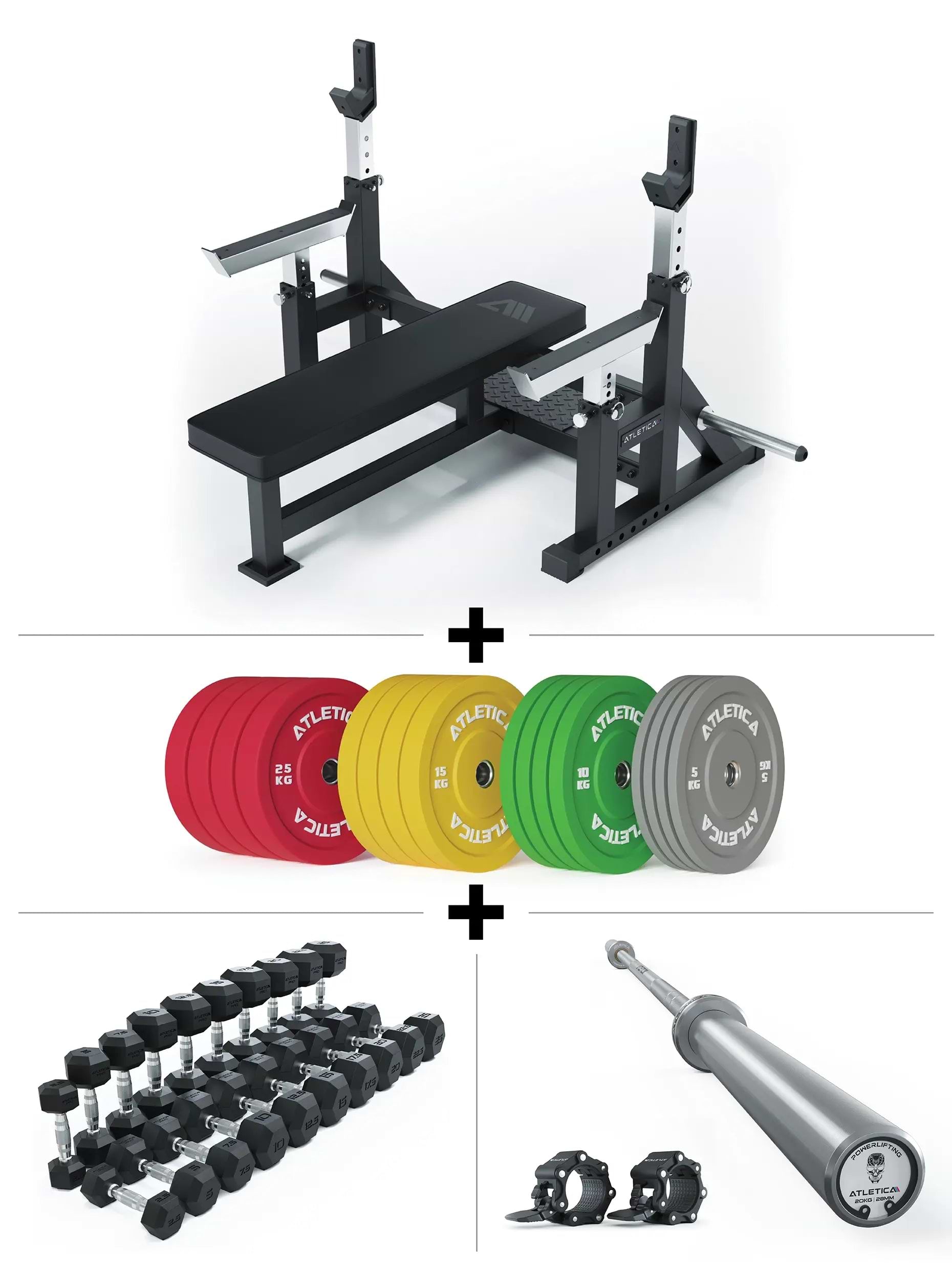 Hantelbank B15 Starter Set mit Gamma Chrome Langhantel, 220kg Color Bumper Plates und Hexagon Kurzhanteln 2.5-25kg