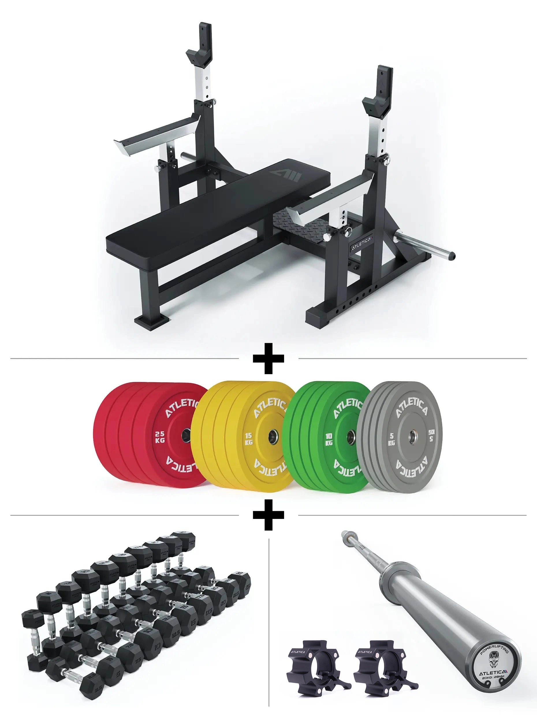 B15 Starter Set - Hantelbank, Gamma Chrome Langhantel mit Verschlüssen, 220 kg Color Bumper Plates und Hexagon 2.5-25kg Kurzhanteln