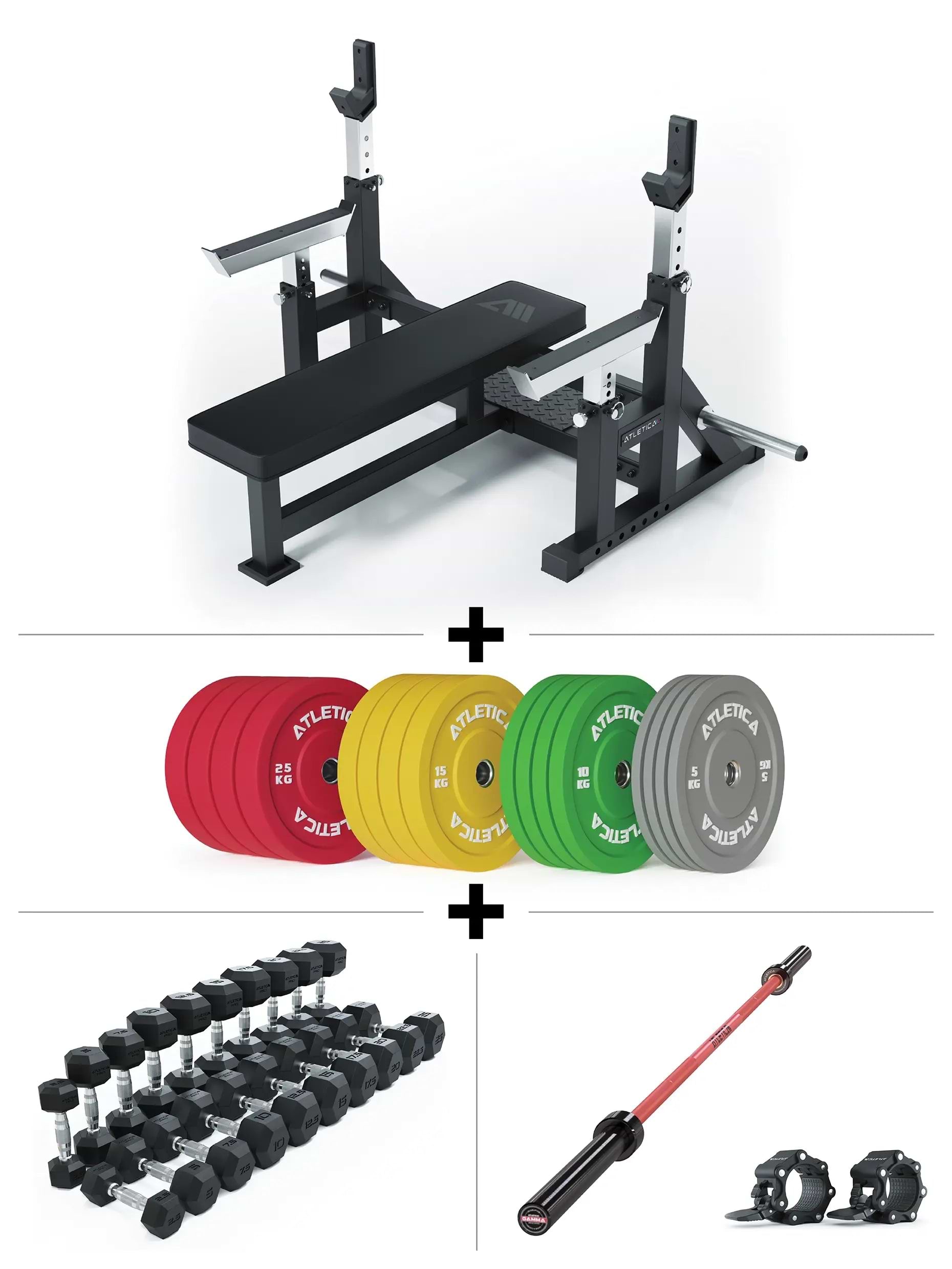 Hantelbank B15 Starter Set mit Langhantel Gamma in rot, 220kg Color Bumper Plates und Hexagon Kurzhanteln Set - 2.5-25kg