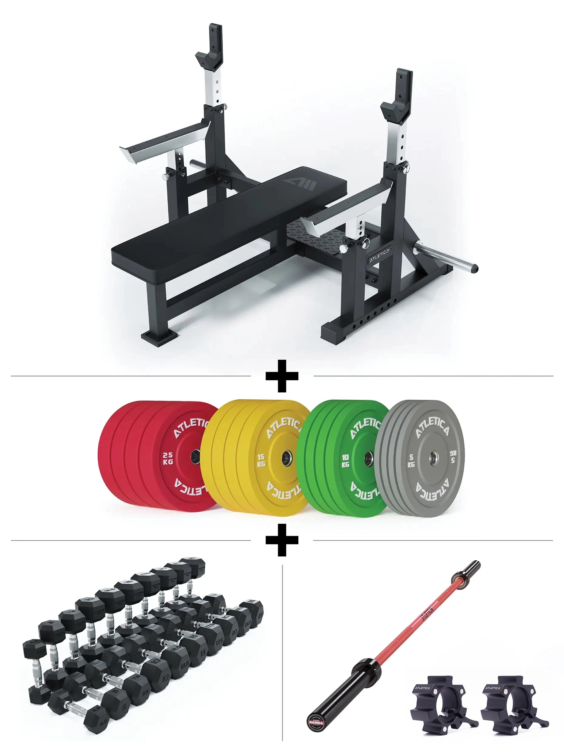 B15 Starter Set - Hantelbank, Gamma Langhantel in Sportscar Red mit Verschlüssen, 220 kg Color Bumper Plates und Hexagon 2.5-25kg Kurzhanteln