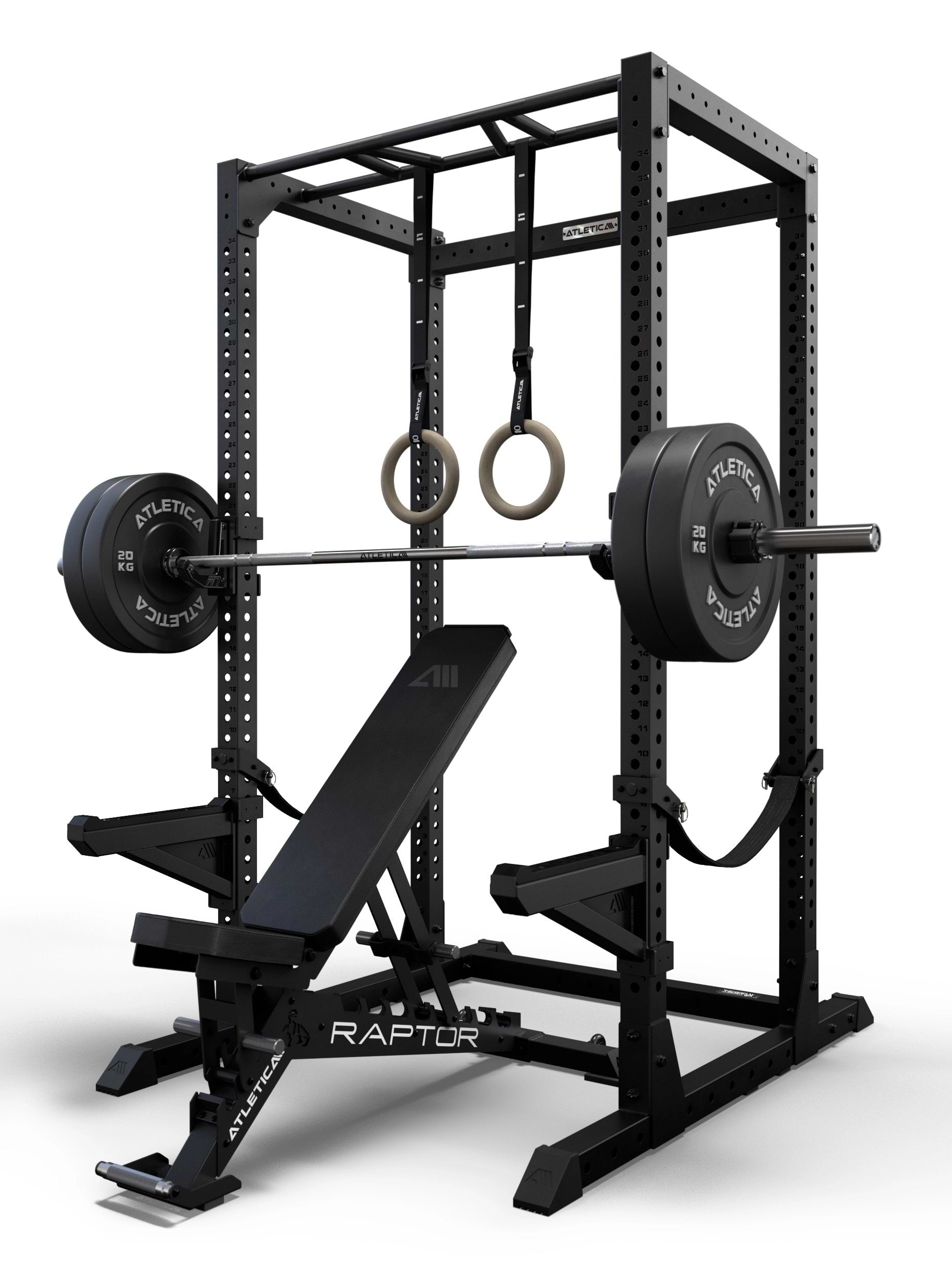 Atletica R7 Root Power Rack 224 cm mit Performance J-Hooks und Spotter Arms, Raptor Hantelbank, Langhantel mit Bumper Plates und Holz Turnringen