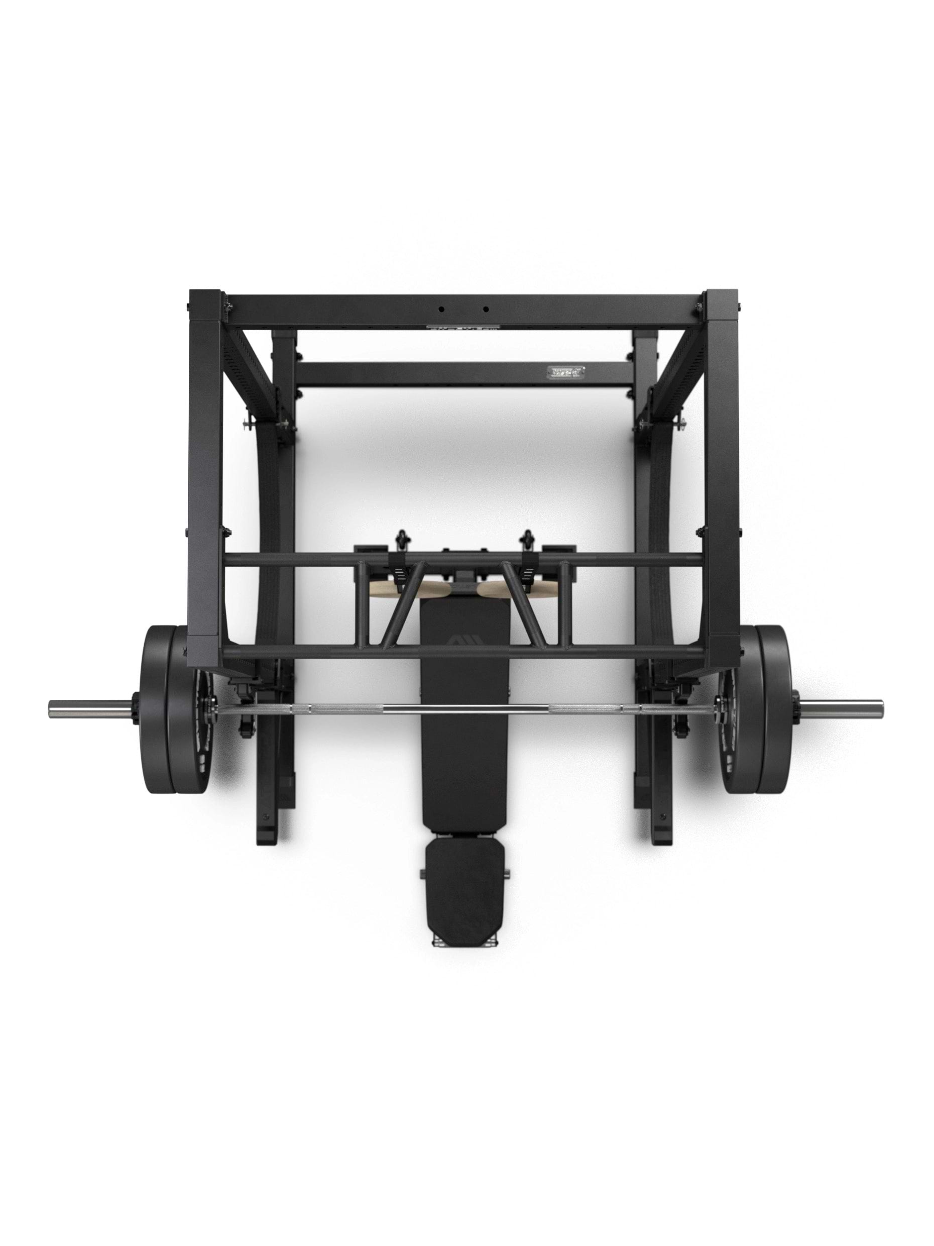 R7 Root Power Rack 224 cm: Cage Draufsicht mit Performance J-Hooks, Spotter Arms, Multi-Grip Pull Up Bar, Hantelbank und Langhantel mit Bumper Plates
