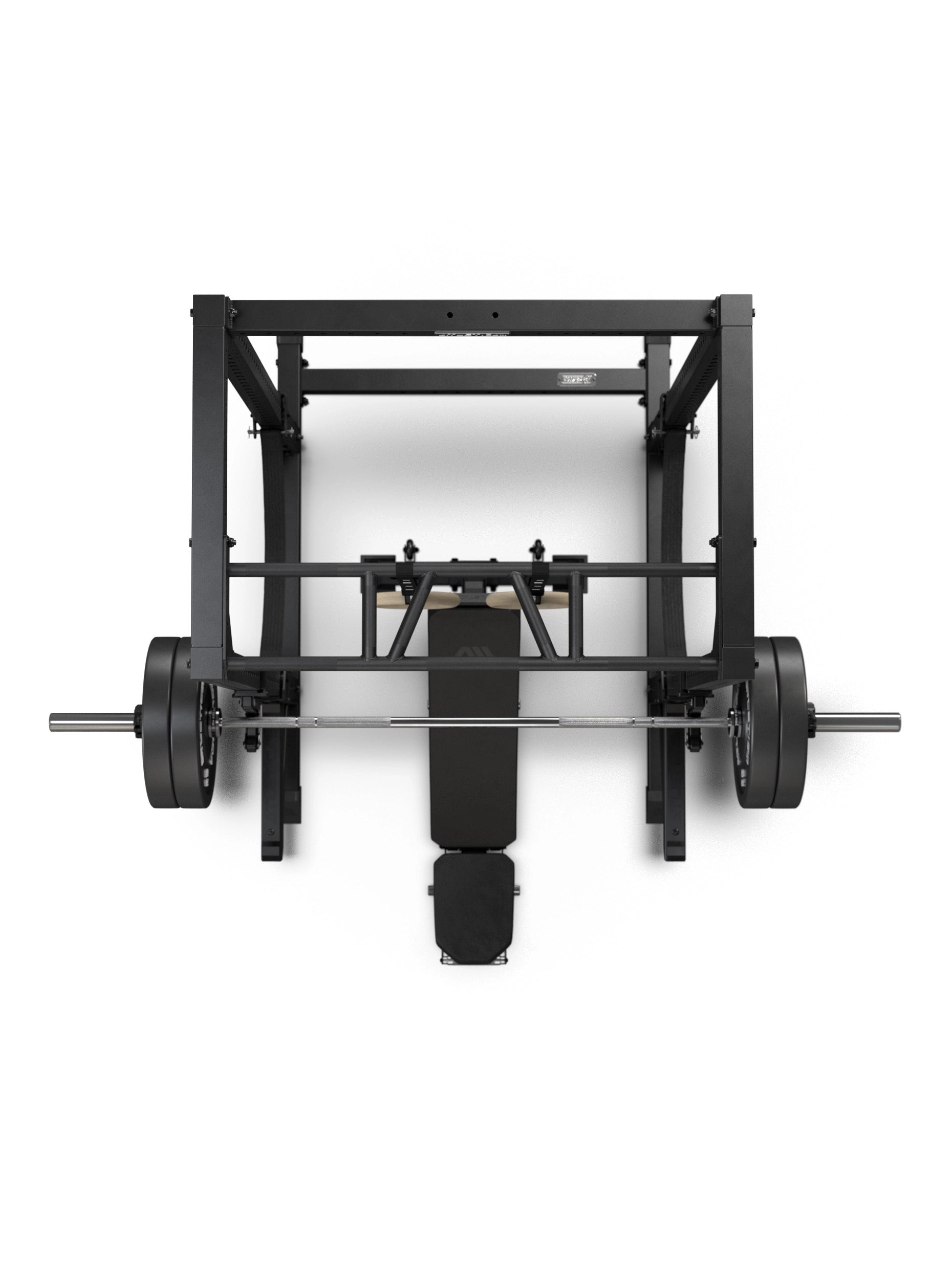 R7 Root Power Rack 224 cm: Cage Draufsicht mit Performance J-Hooks, Spotter Arms, Multi-Grip Pull Up Bar, Hantelbank und Langhantel mit Bumper Plates