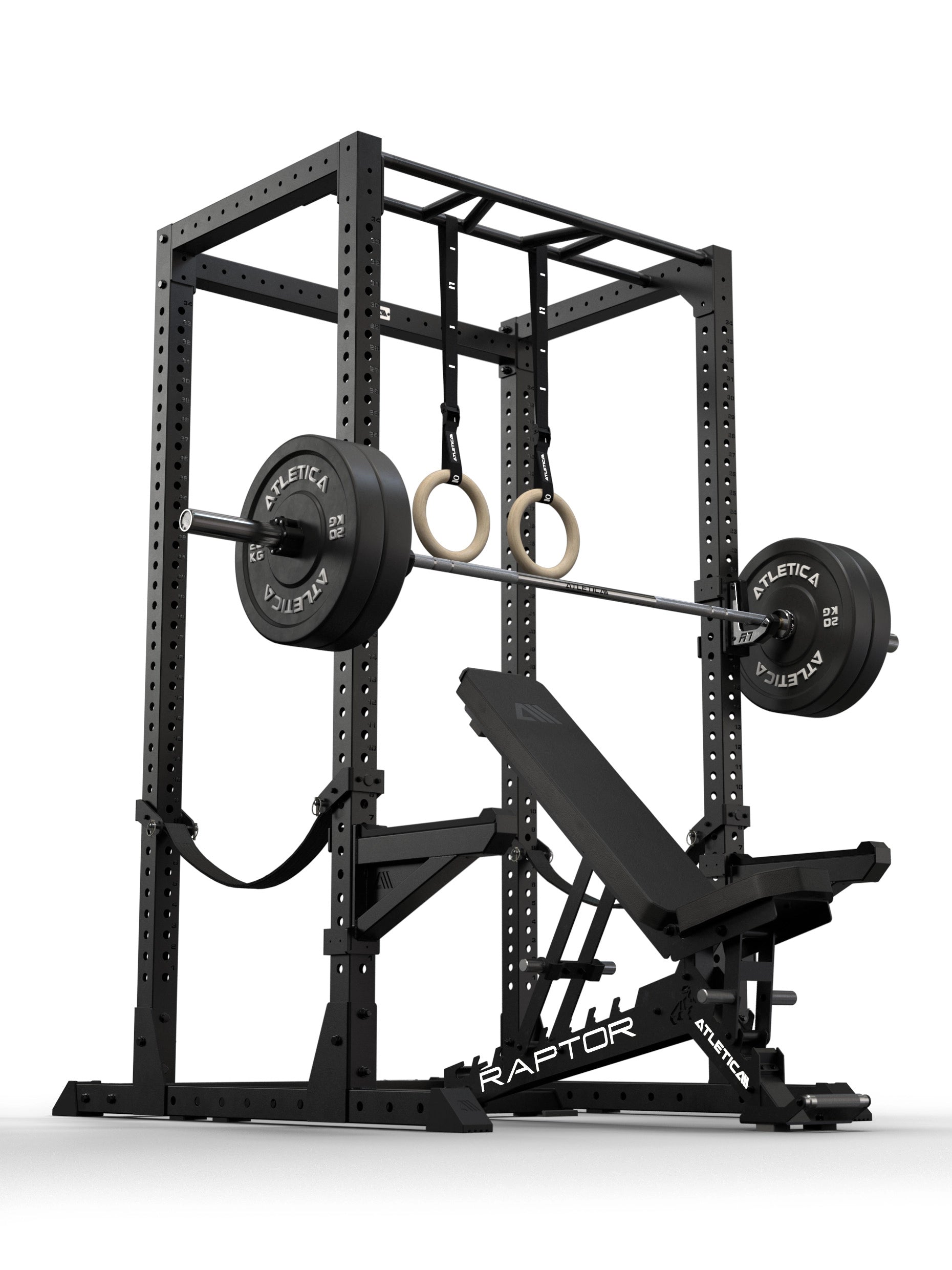 R7 Root Power Rack 224 cm: 4-Pfosten Cage mit Performance J-Hooks, Spotter Arms, Safety Straps, Multi-Grip Pull Up Bar, Holz Turnringen, Raptor Hantelbank und Langhantel mit Bumper Plates