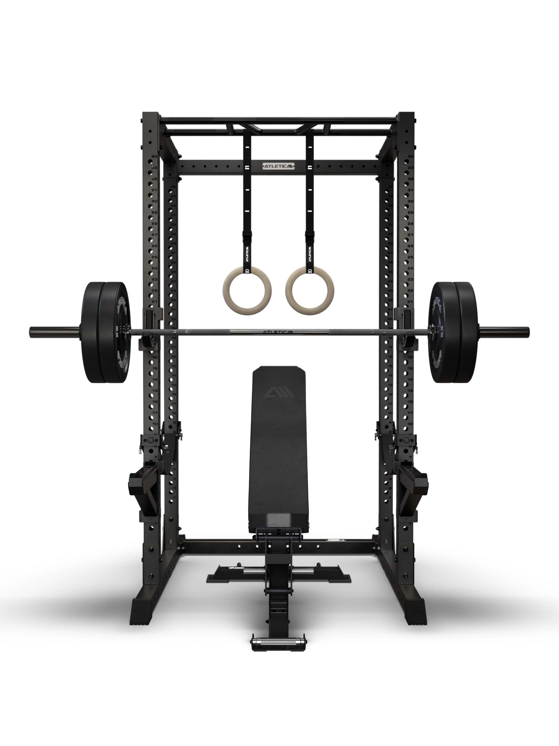 R7 Root Power Rack 224 cm mit Performance J-Hooks, Spotter Arms, Multi-Grip Pull Up Bar, Raptor Hantelbank, Langhantel mit Bumper Plates und Holz Turnringen