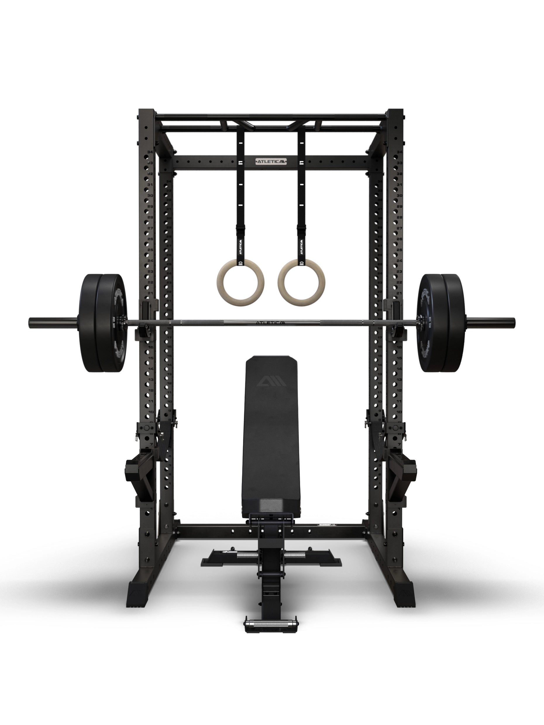 R7 Root Power Rack 224 cm mit Performance J-Hooks, Spotter Arms, Multi-Grip Pull Up Bar, Raptor Hantelbank, Langhantel mit Bumper Plates und Holz Turnringen