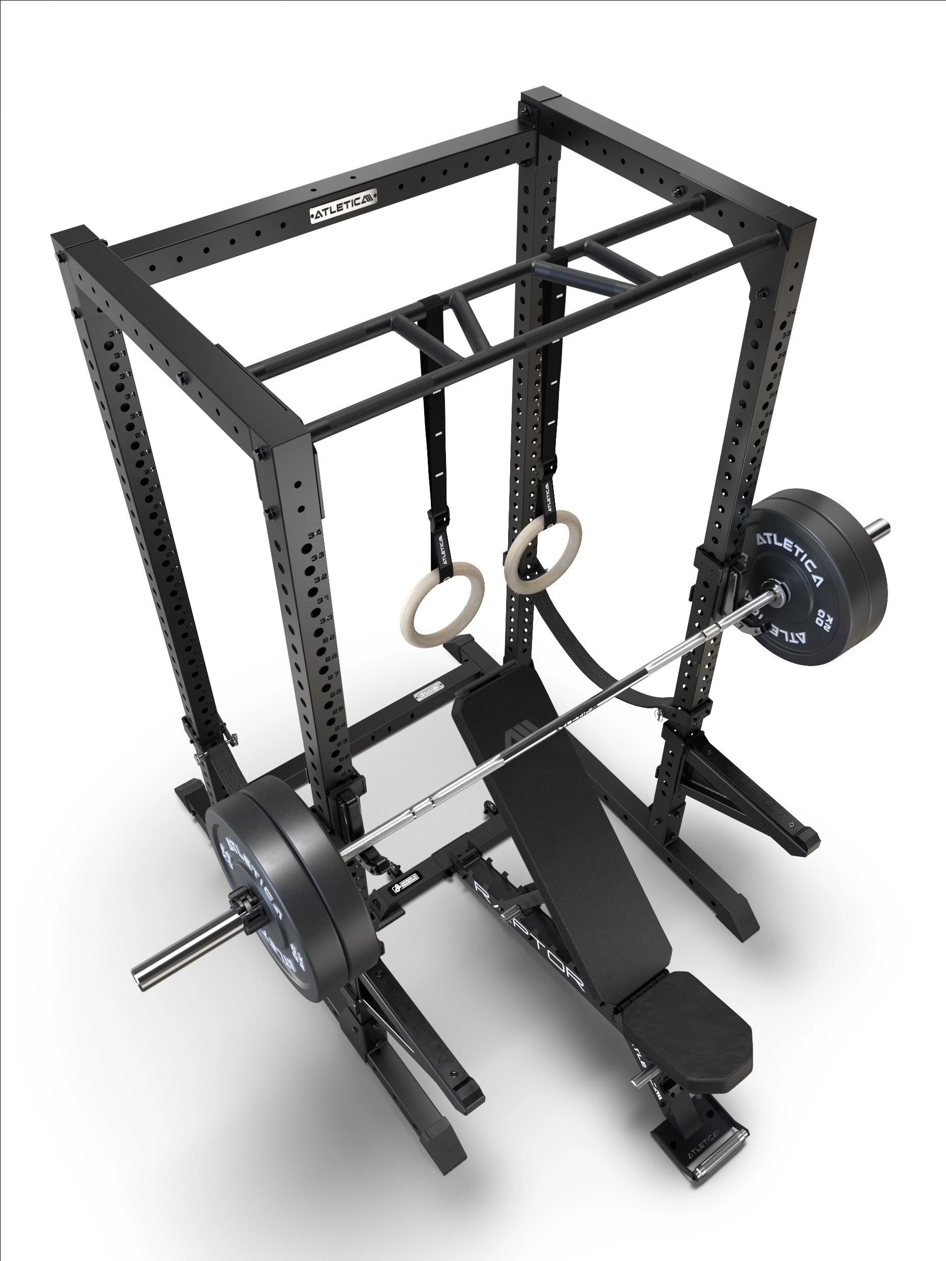 R7 Root Power Rack 224 cm: Draufsicht des Käfigs mit Raptor Hantelbank, Holz Turnringen und Langhantel mit Bumper Plates