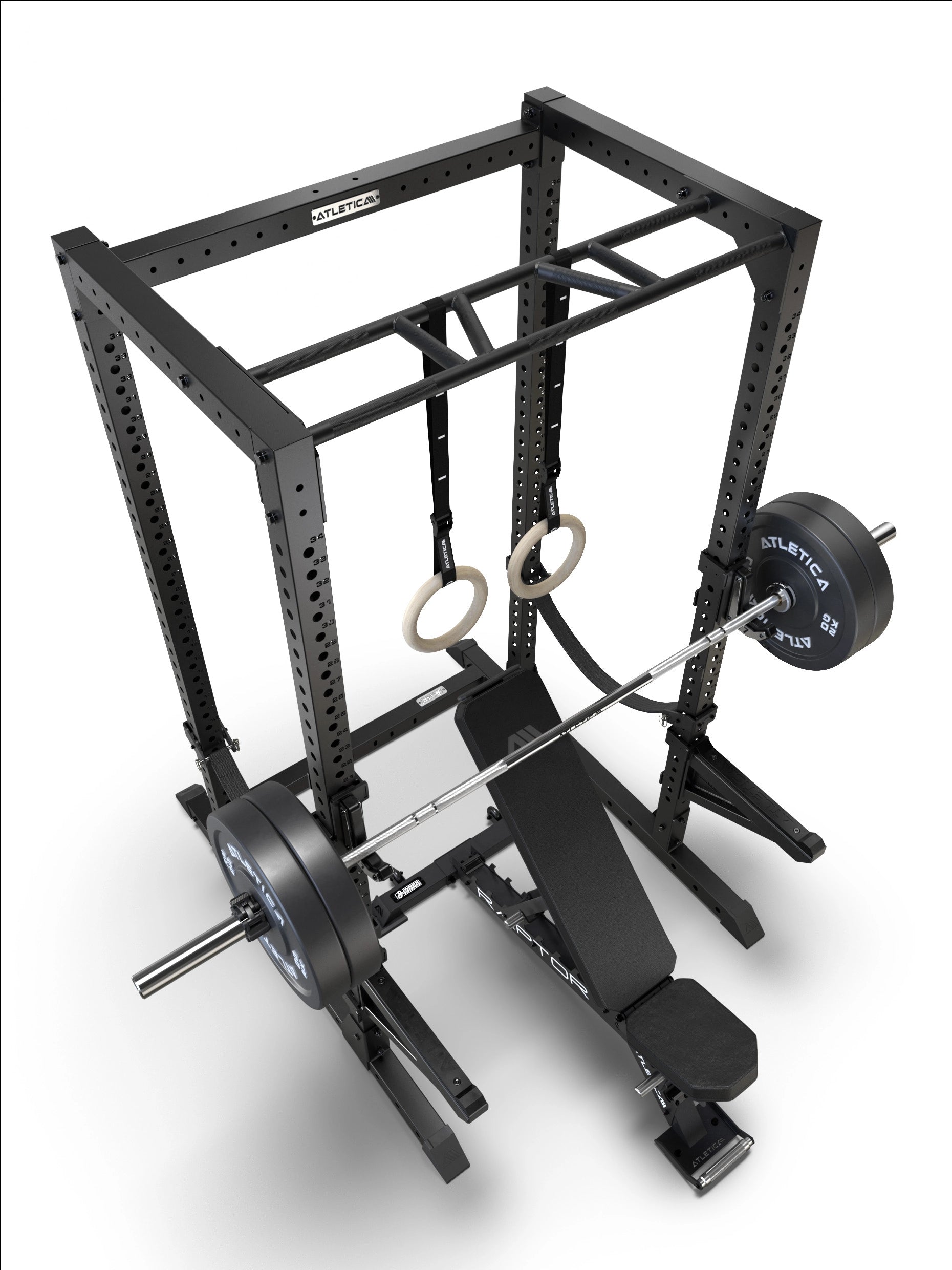 R7 Root Power Rack 224 cm: Draufsicht des Käfigs mit Raptor Hantelbank, Holz Turnringen und Langhantel mit Bumper Plates