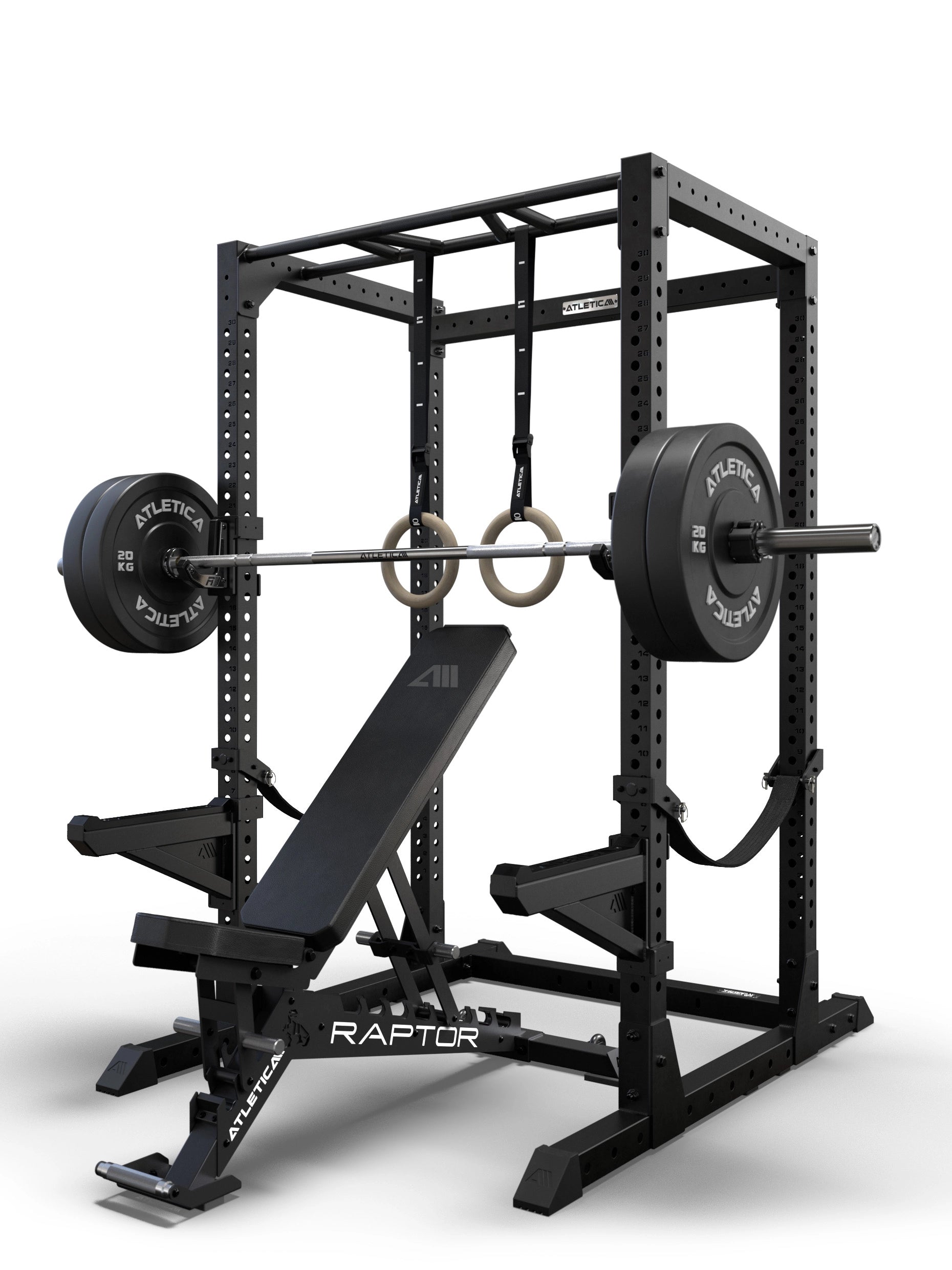 Atletica R7 Root Power Rack 204 cm mit Performance J-Hooks und Spotter Arms, Raptor Hantelbank, Langhantel mit Bumper Plates und Holz Turnringen
