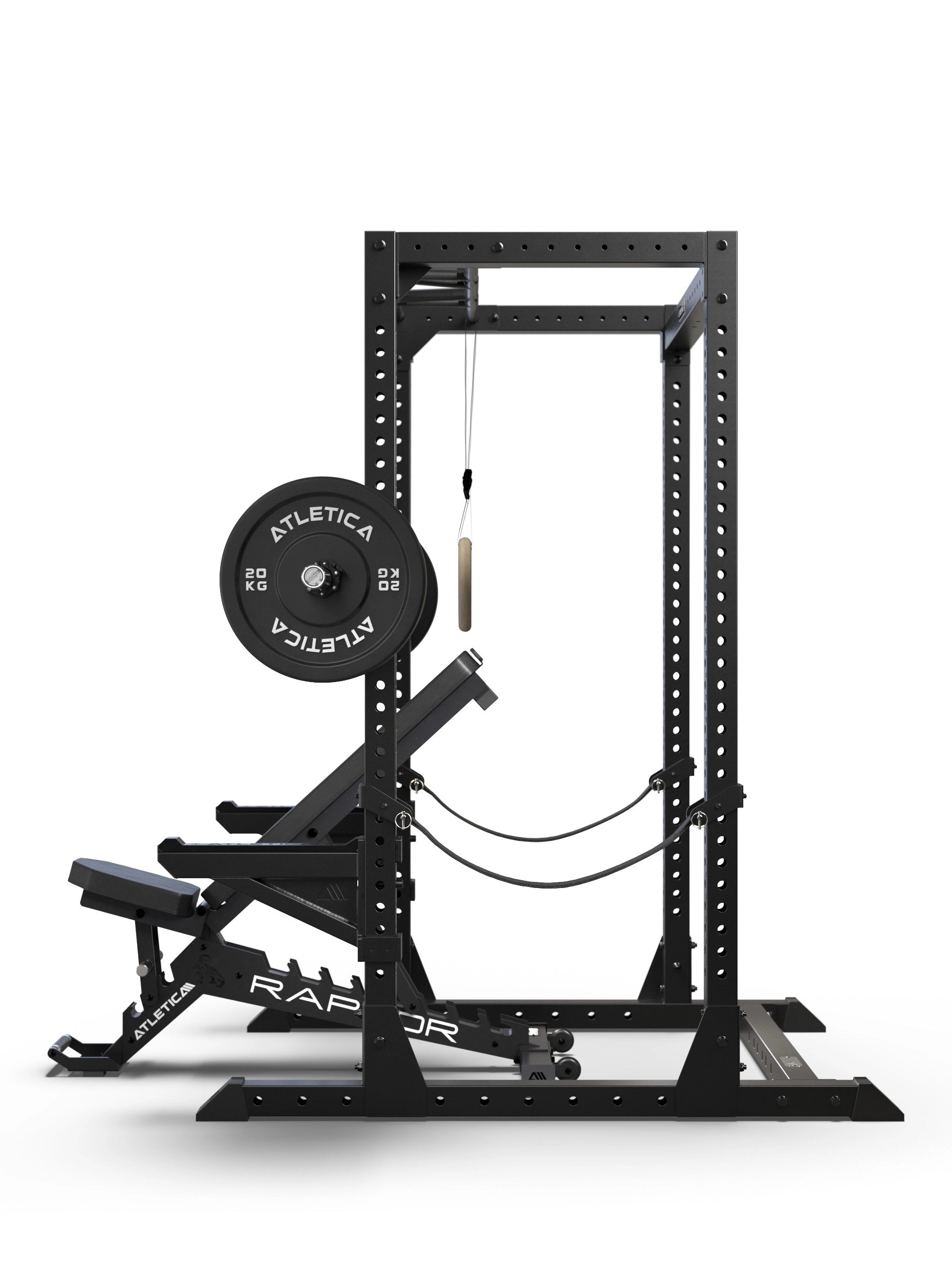 R7 Root Power Rack 204 cm: 4-Pfosten Cage mit Performance J-Hooks und Spotter Arms, Seitenansicht mit Langhantel mit Bumper Plates, Turnringen und Atletica Raptor Hantelbank