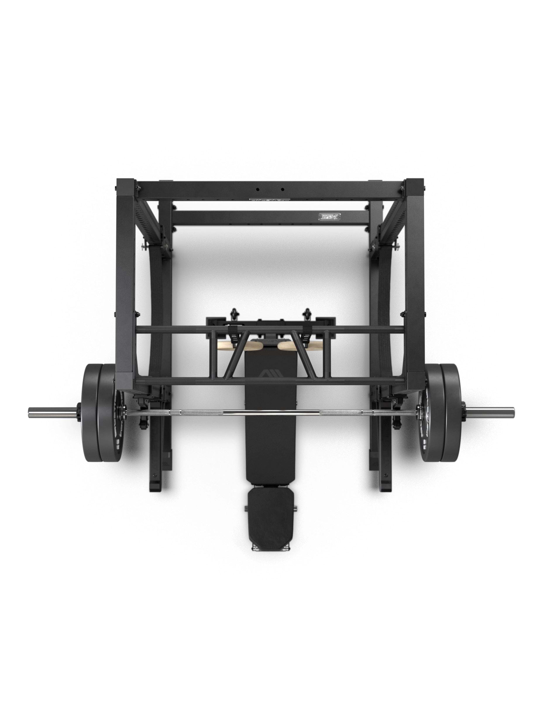 R7 Root Power Rack 204 cm: Cage Draufsicht mit Performance J-Hooks, Spotter Arms, Multi-Grip Pull Up Bar, Hantelbank und Langhantel mit Bumper Plates