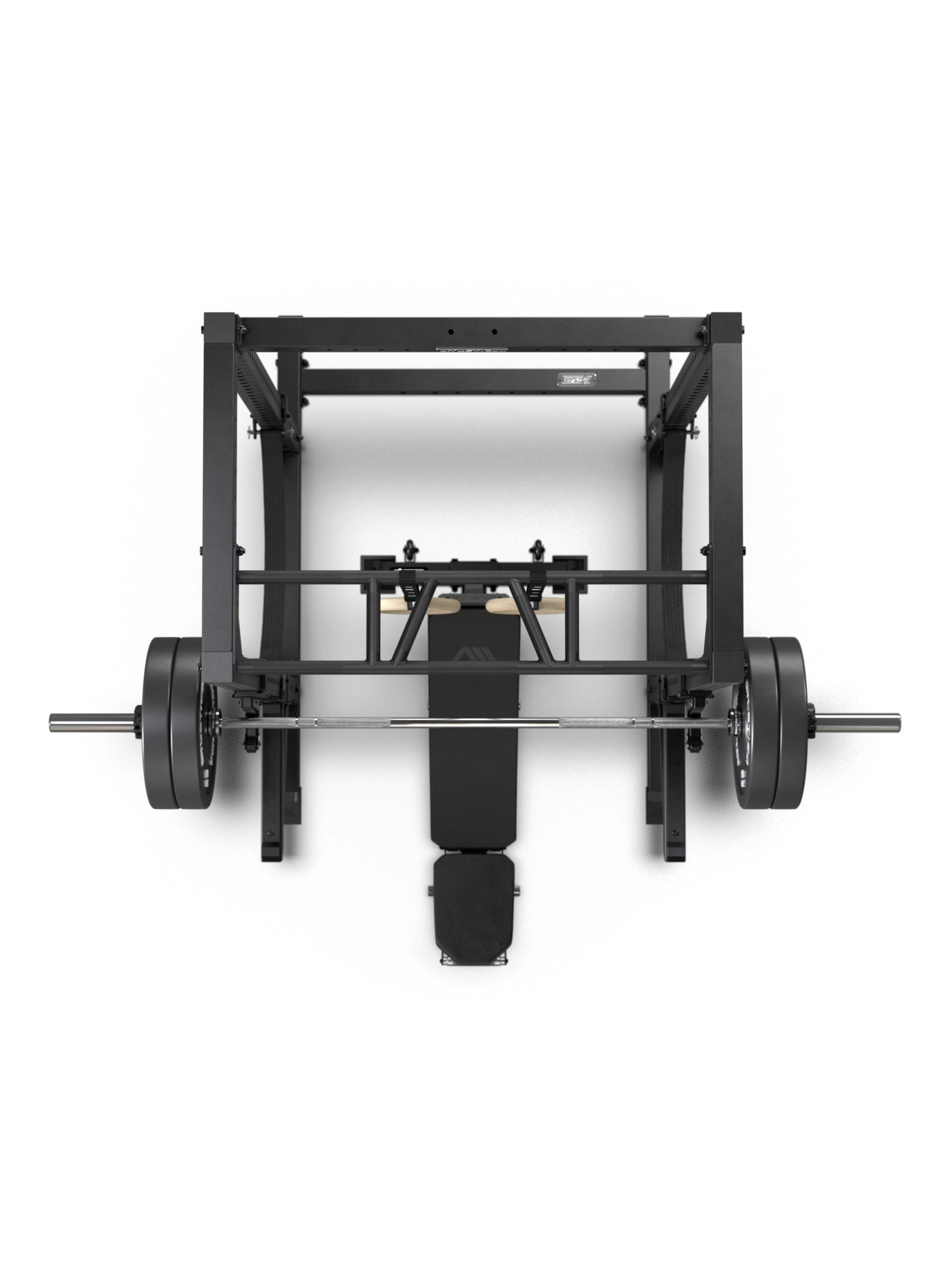 R7 Root Power Rack 204 cm: Cage Draufsicht mit Performance J-Hooks, Spotter Arms, Multi-Grip Pull Up Bar, Hantelbank und Langhantel mit Bumper Plates