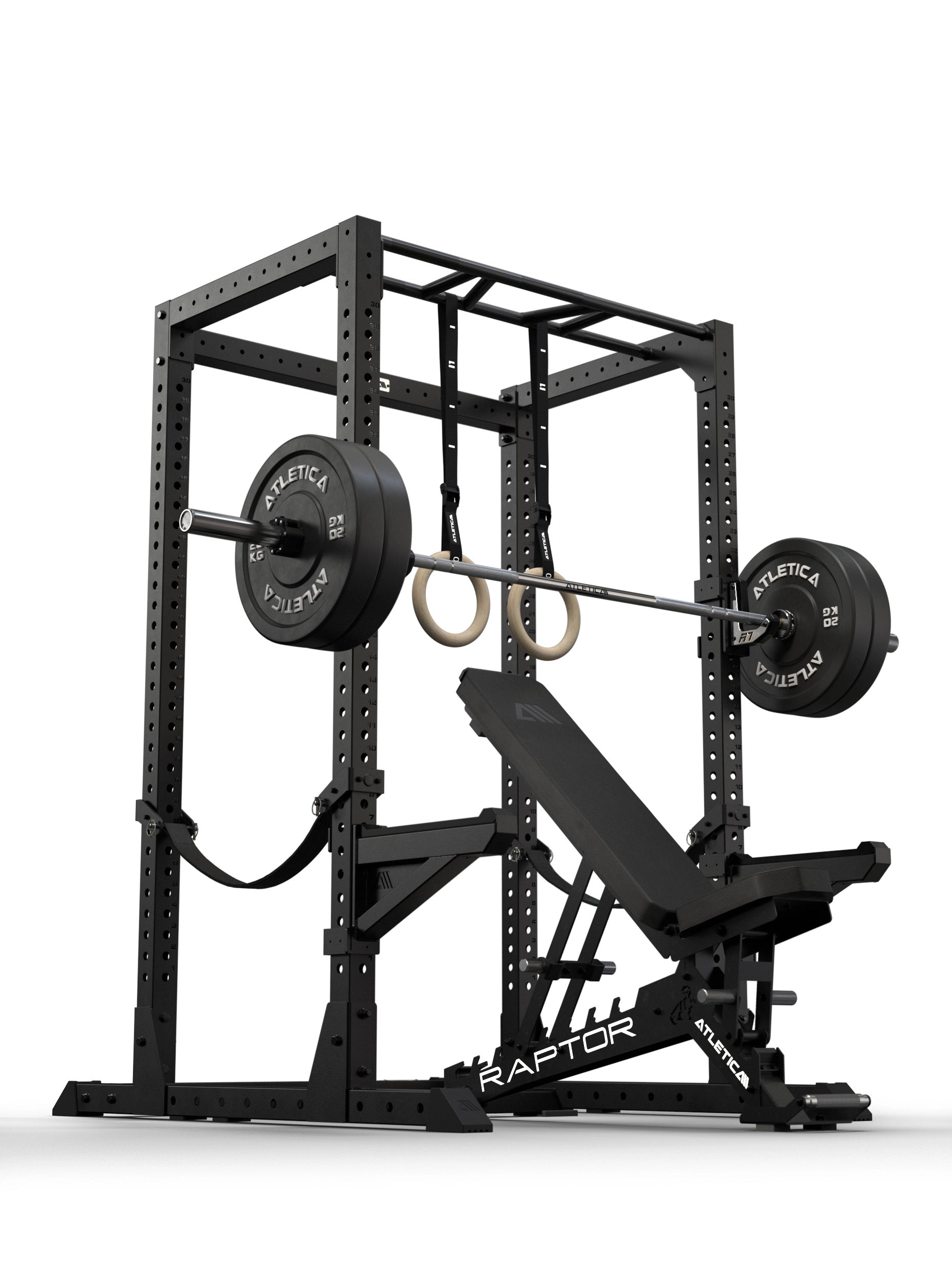 R7 Root Power Rack 204 cm: 4-Pfosten Cage mit Performance J-Hooks, Spotter Arms, Safety Straps, Multi-Grip Pull Up Bar, Holz Turnringen, Raptor Hantelbank und Langhantel mit Bumper Plates