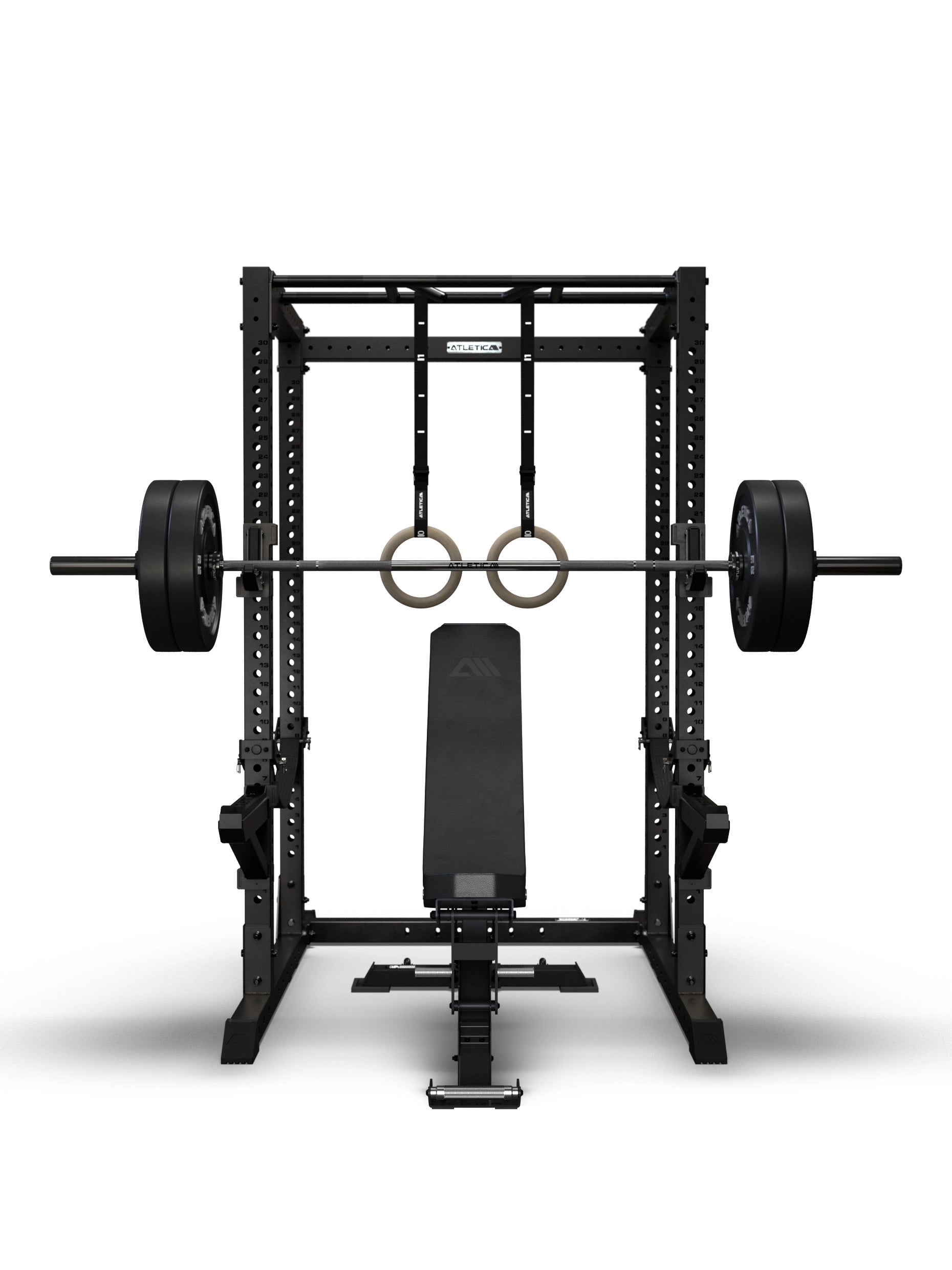 R7 Root Power Rack 204 cm mit Performance J-Hooks, Spotter Arms, Multi-Grip Pull Up Bar, Raptor Hantelbank, Langhantel mit Bumper Plates und Holz Turnringen