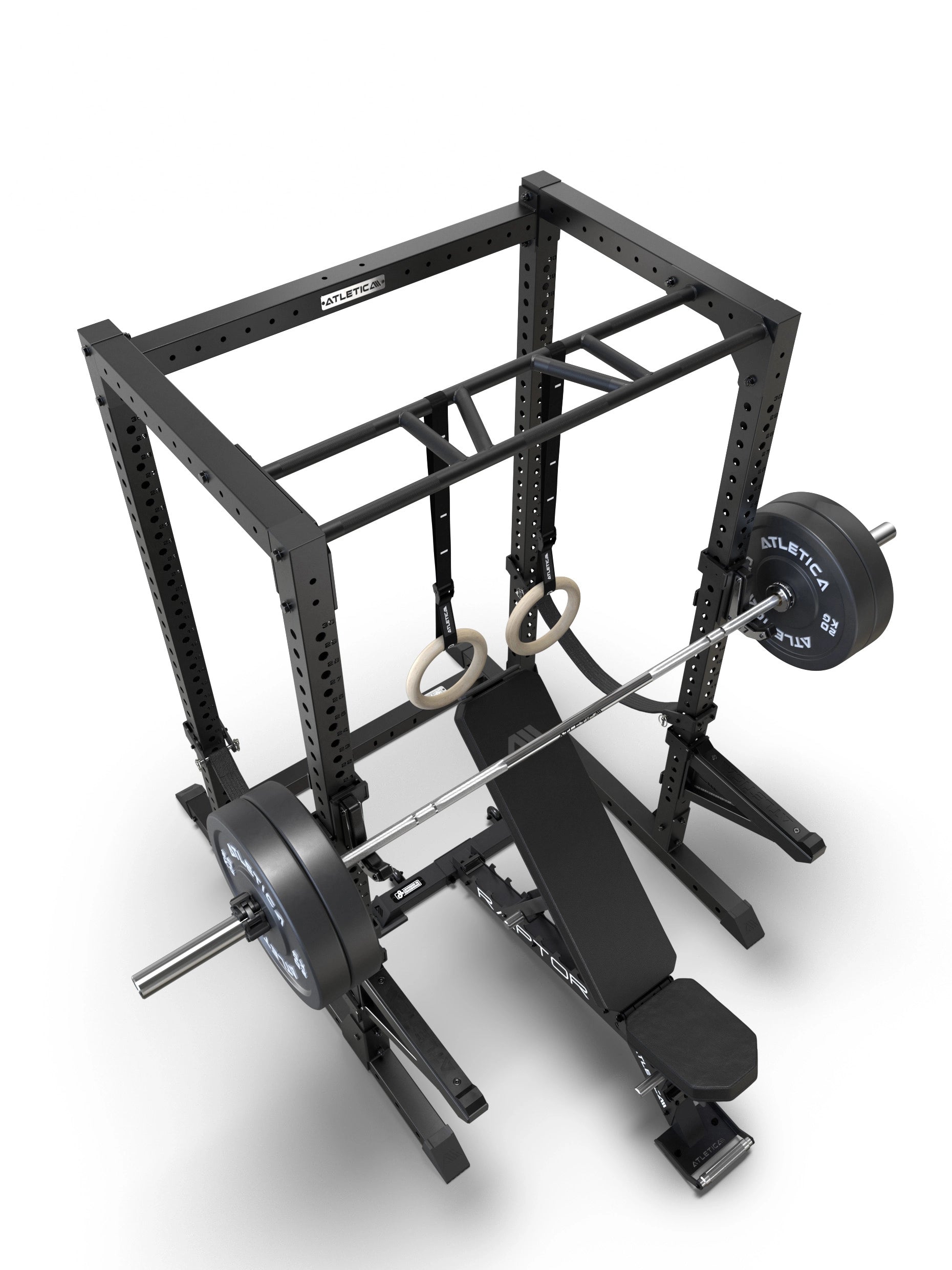 R7 Root Power Rack 204 cm: Draufsicht des Käfigs mit Raptor Hantelbank, Holz Turnringen und Langhantel mit Bumper Plates