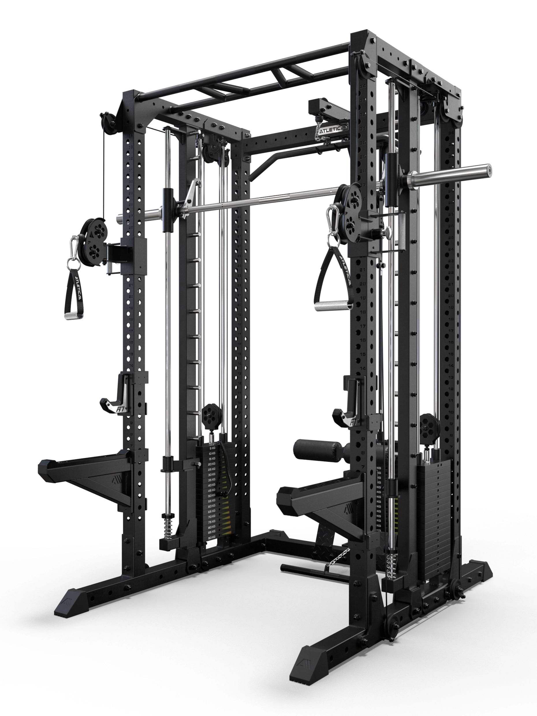 Atletica R7-Fighter Power Rack mit integrierter Latzug- und Rudereinheit in schwarzer Stahlkonstruktion mit Multipresse und Kabelzugstation