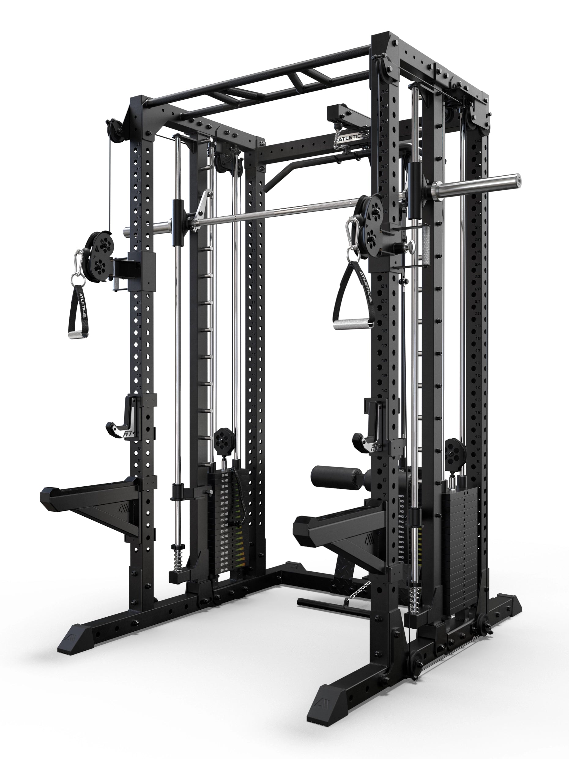 Atletica R7-Fighter Power Rack mit integrierter Latzug- und Rudereinheit in schwarzer Stahlkonstruktion mit Multipresse und Kabelzugstation