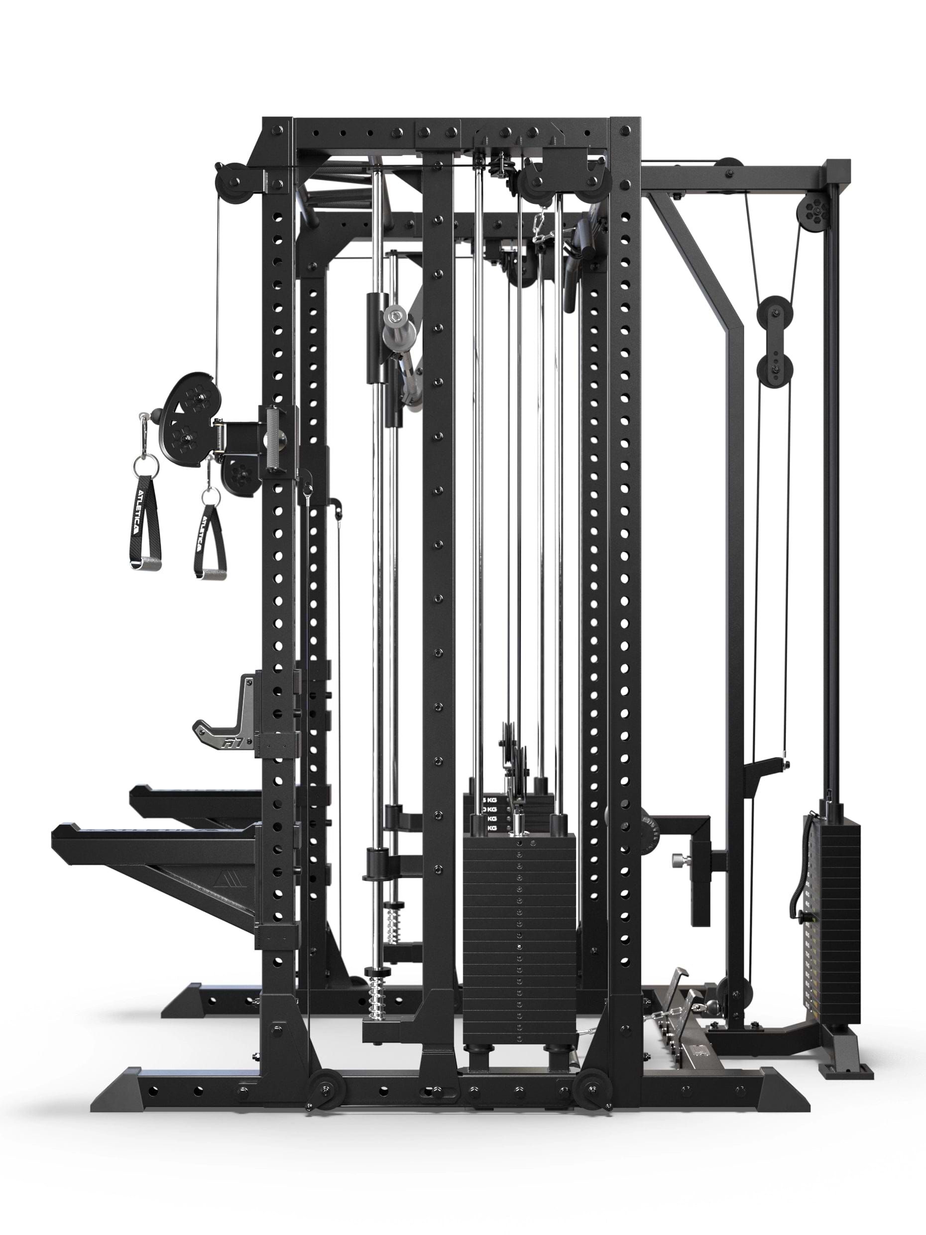 R7-Fighter Power Rack mit seitlicher Ansicht der Latzug- und Rudereinheit, zwei Gewichtsstapeln und geführter Langhantel