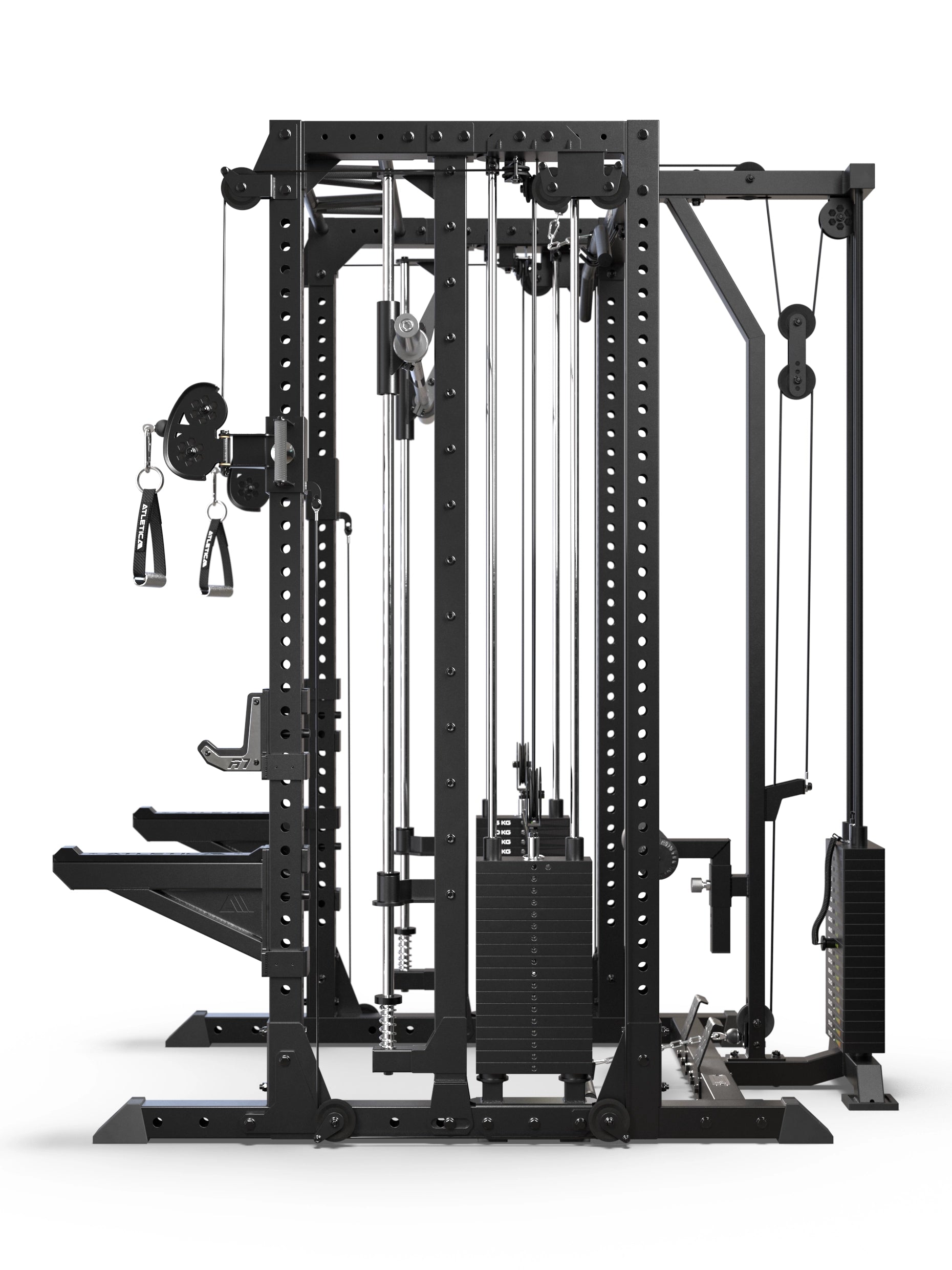 R7-Fighter Power Rack mit seitlicher Ansicht der Latzug- und Rudereinheit, zwei Gewichtsstapeln und geführter Langhantel