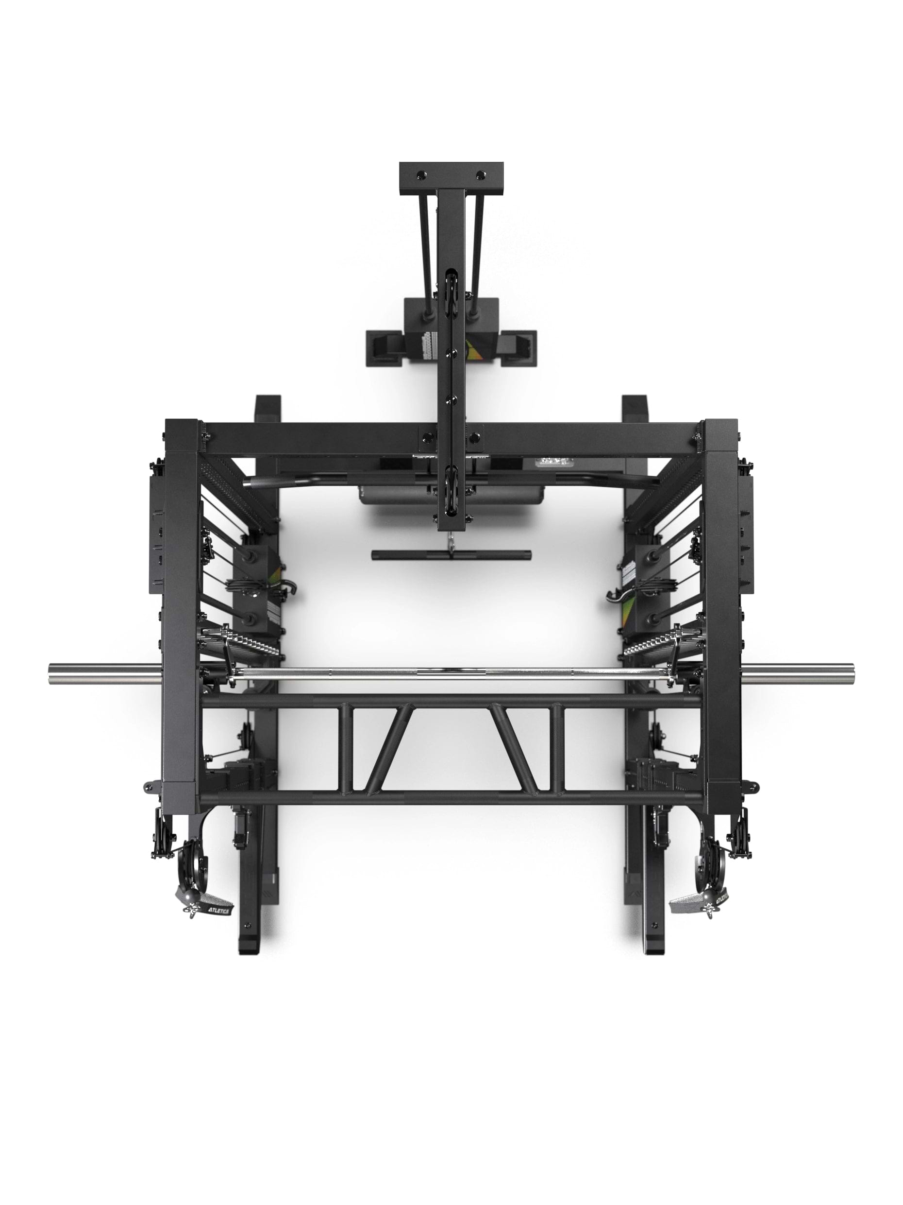 R7-Fighter Power Rack von oben mit Multi-Grip-Klimmzugstange, Multipresse und integrierter Kabelzugführung