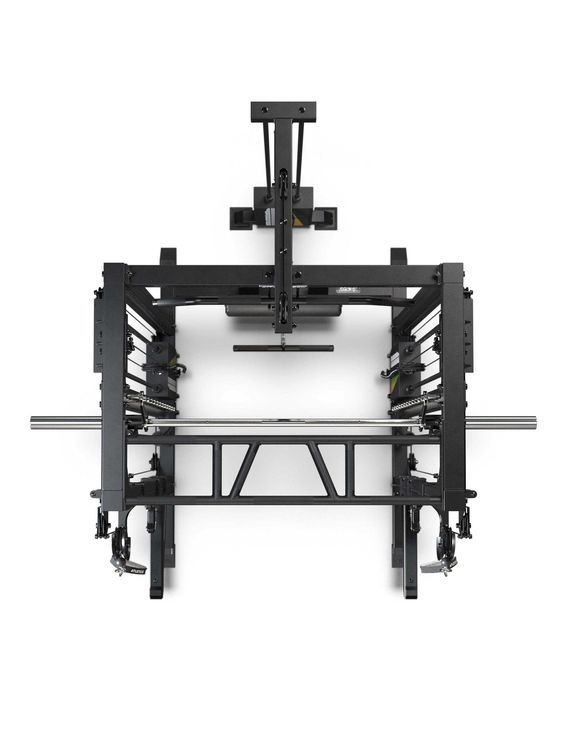 R7-Fighter Power Rack von oben mit Multi-Grip-Klimmzugstange, Multipresse und integrierter Kabelzugführung