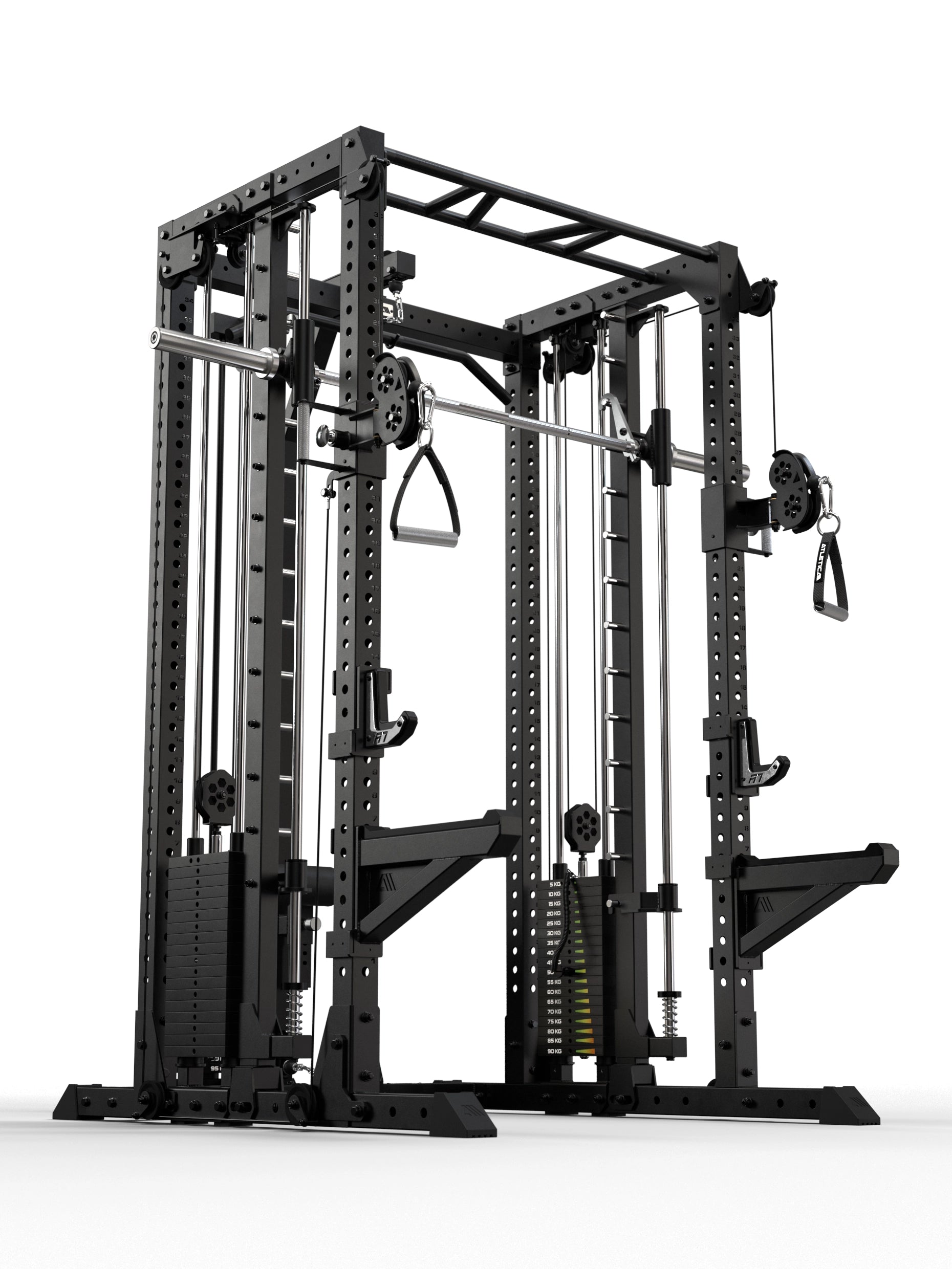 R7-Fighter Power Rack mit Kabelzugstation und Multipresse in schräger Frontansicht aus schwarzem Stahl