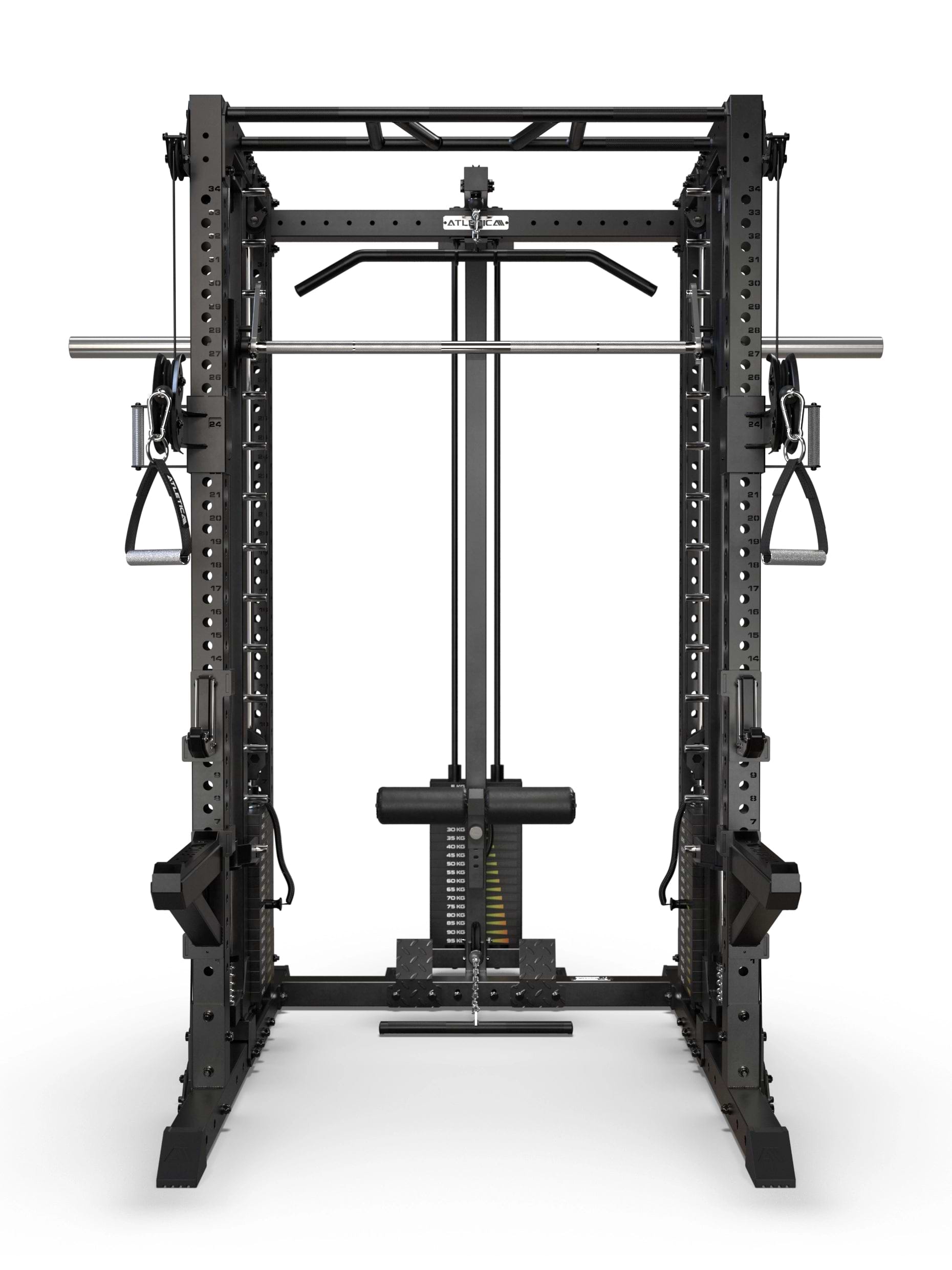 R7-Fighter Power Rack Frontalansicht mit Multipresse, Latzugstation, Rudereinheit und Multi-Grip-Klimmzugstange