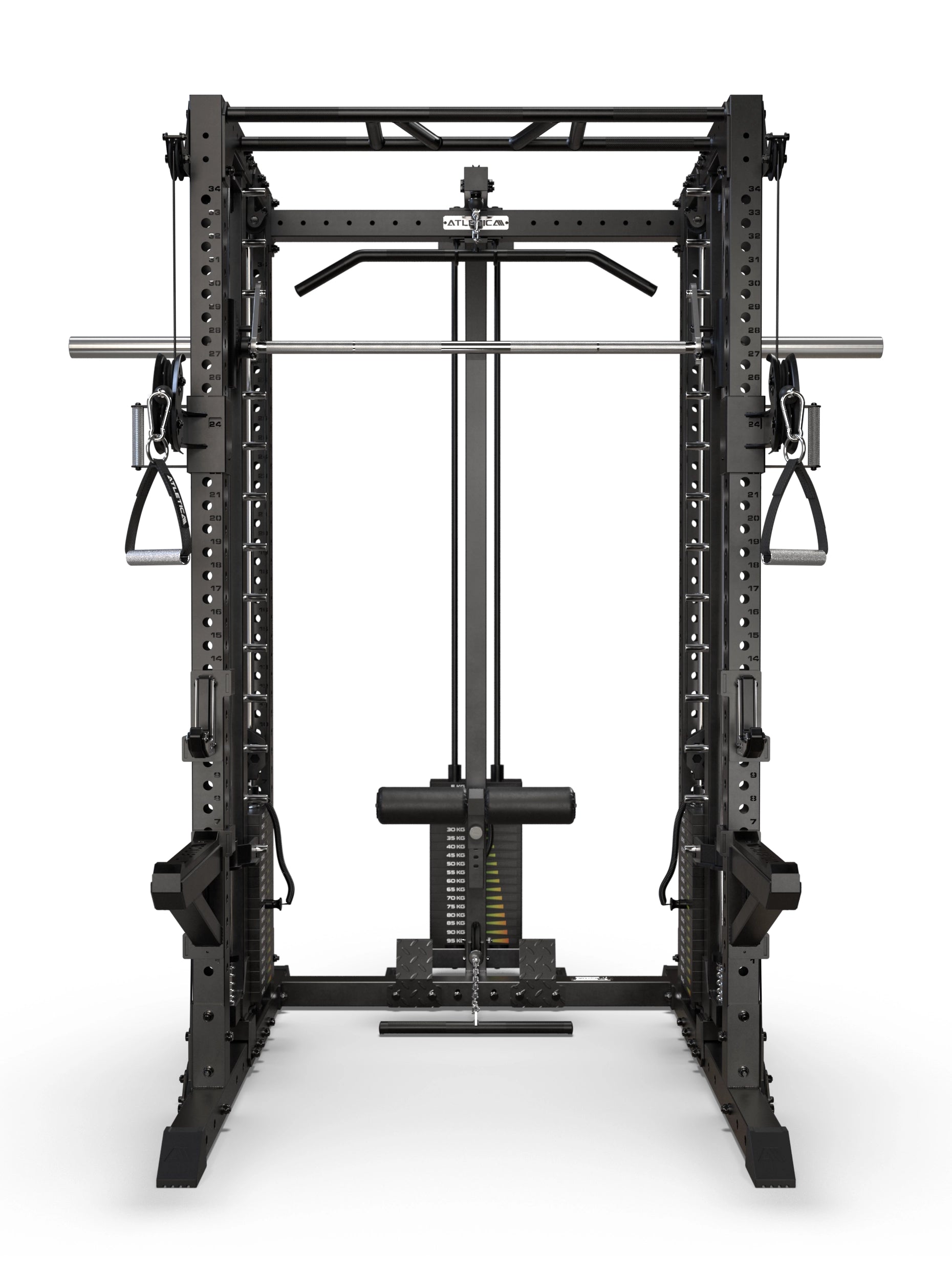 R7-Fighter Power Rack Frontalansicht mit Multipresse, Latzugstation, Rudereinheit und Multi-Grip-Klimmzugstange
