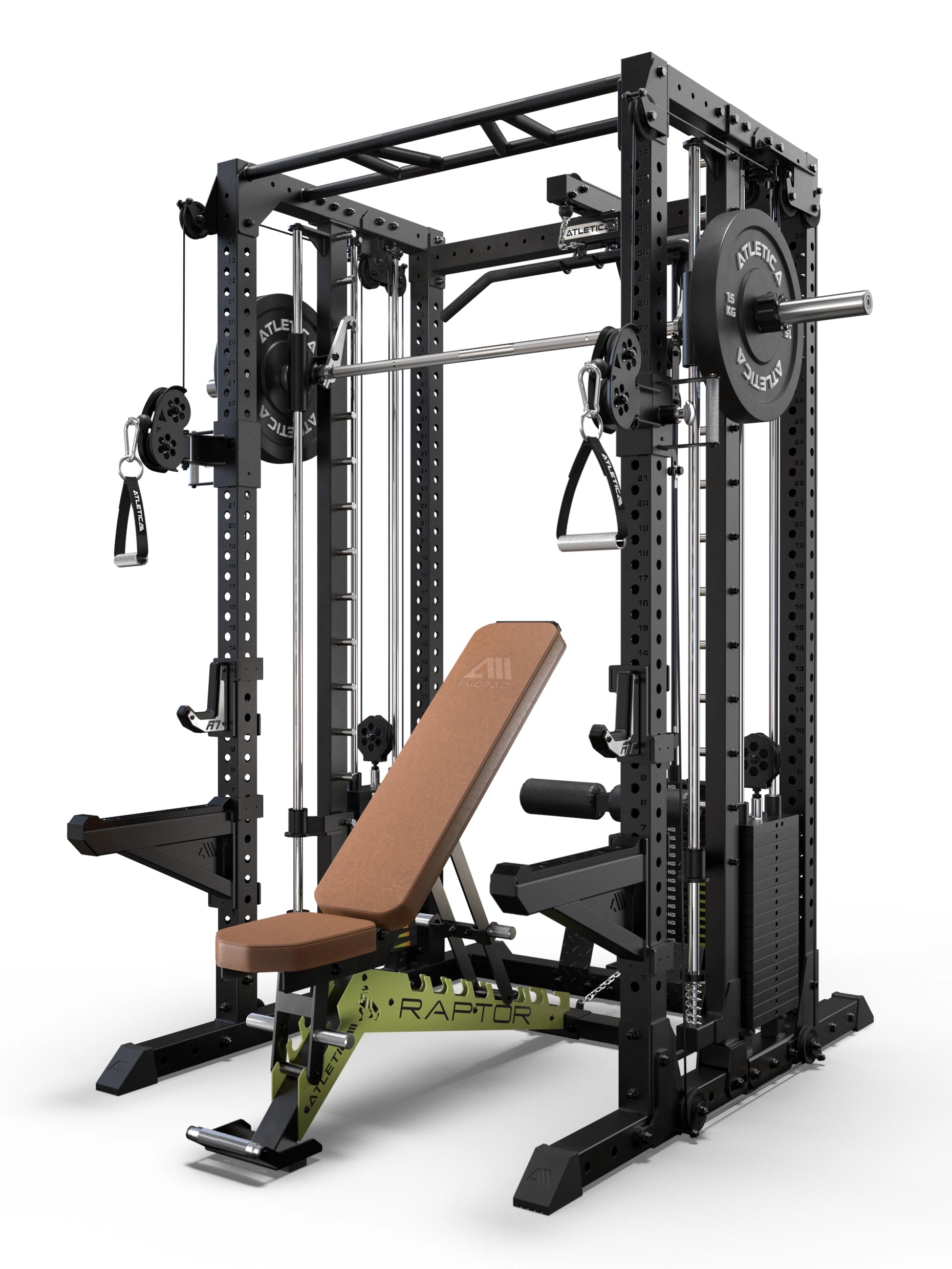 R7-Fighter Power Rack mit Raptor verstellbarer Hantelbank in brauner Ausführung, integrierter Multipresse und Kabelzugstation