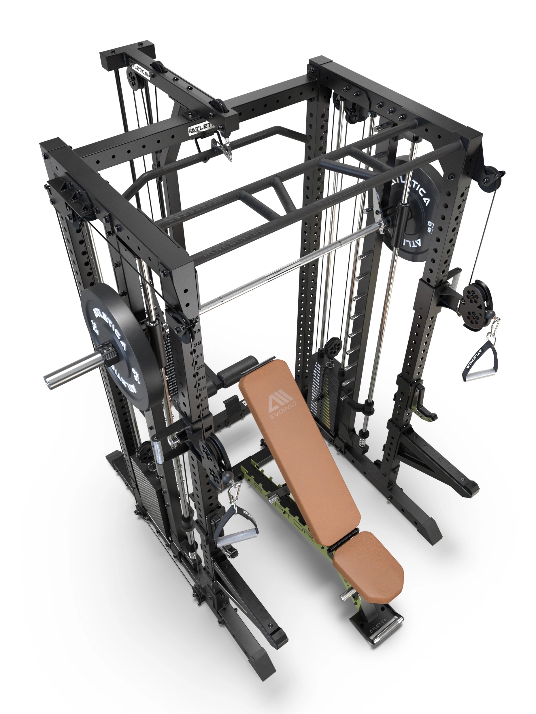 R7-Fighter Power Rack mit Raptor verstellbarer Hantelbank in Vogelperspektive mit Langhantel, Kabelzügen und Klimmzugmodul