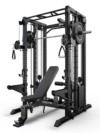 R7-Fighter Power Rack mit Predator verstellbarer Hantelbank in schwarzer Ausführung und integrierter Multipresse