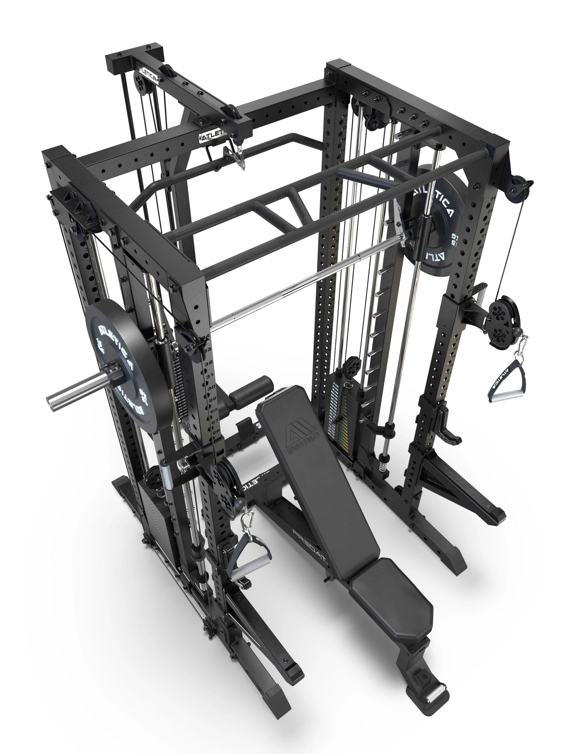 R7-Fighter Power Rack mit Predator verstellbarer Hantelbank in Draufsicht mit Multi-Grip-Klimmzugstange und Kabelzugstation