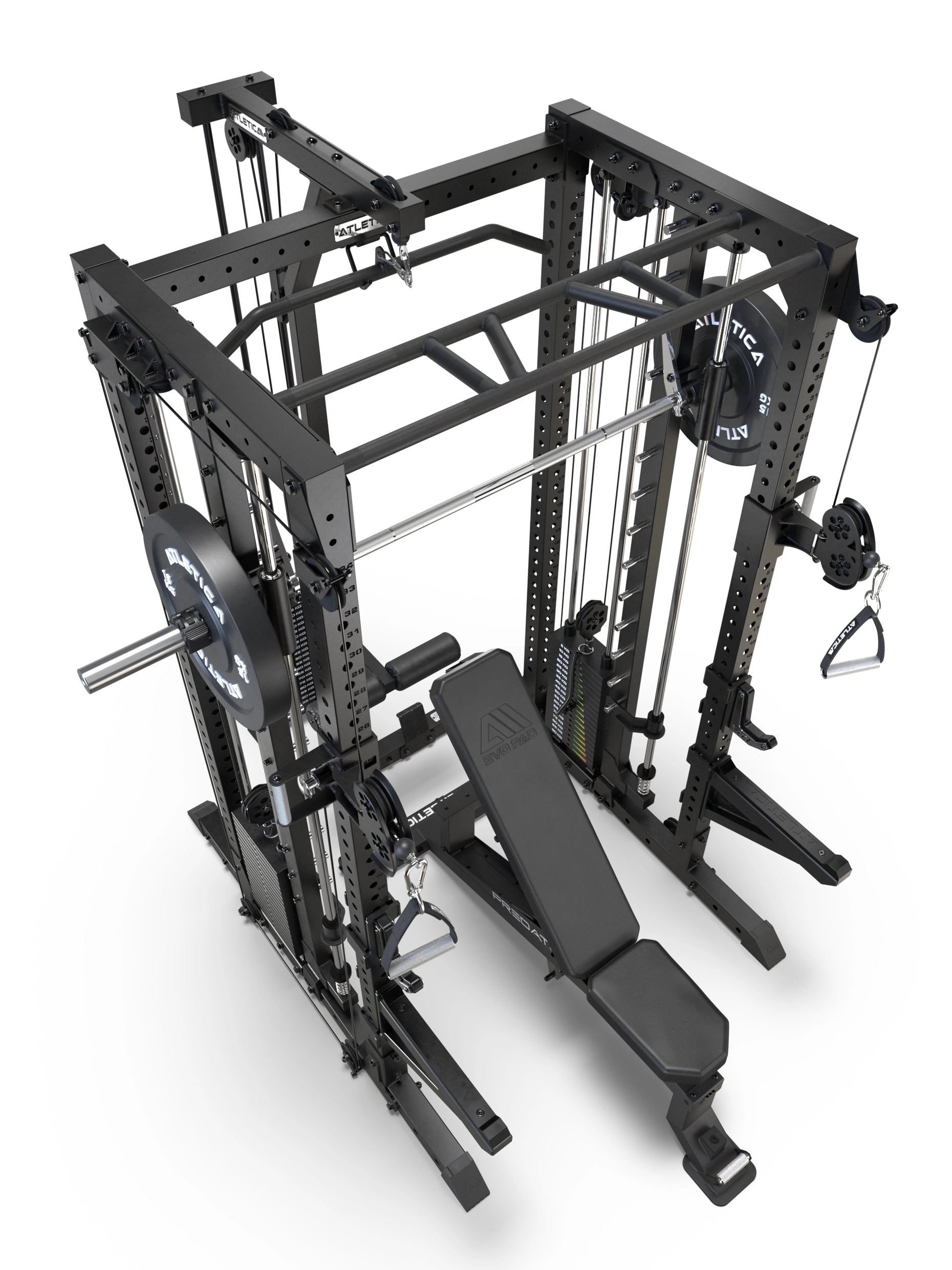 R7-Fighter Power Rack mit Predator verstellbarer Hantelbank in Draufsicht mit Multi-Grip-Klimmzugstange und Kabelzugstation
