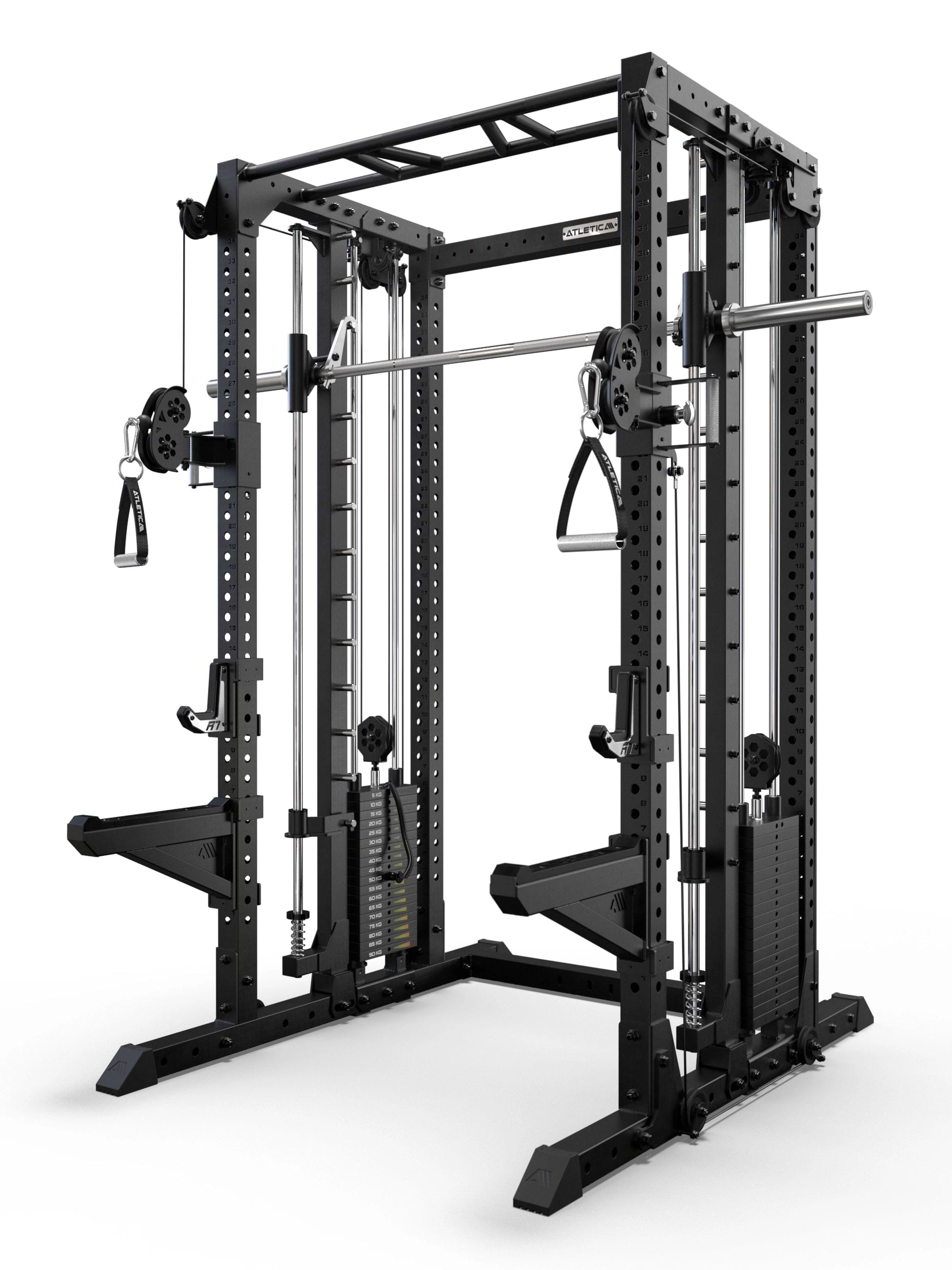 Atletica R7 Fighter Base Power Rack mit integrierter Kabelzugstation, Multipresse und Multi-Grip-Klimmzugstange in schwarzer Stahlkonstruktion