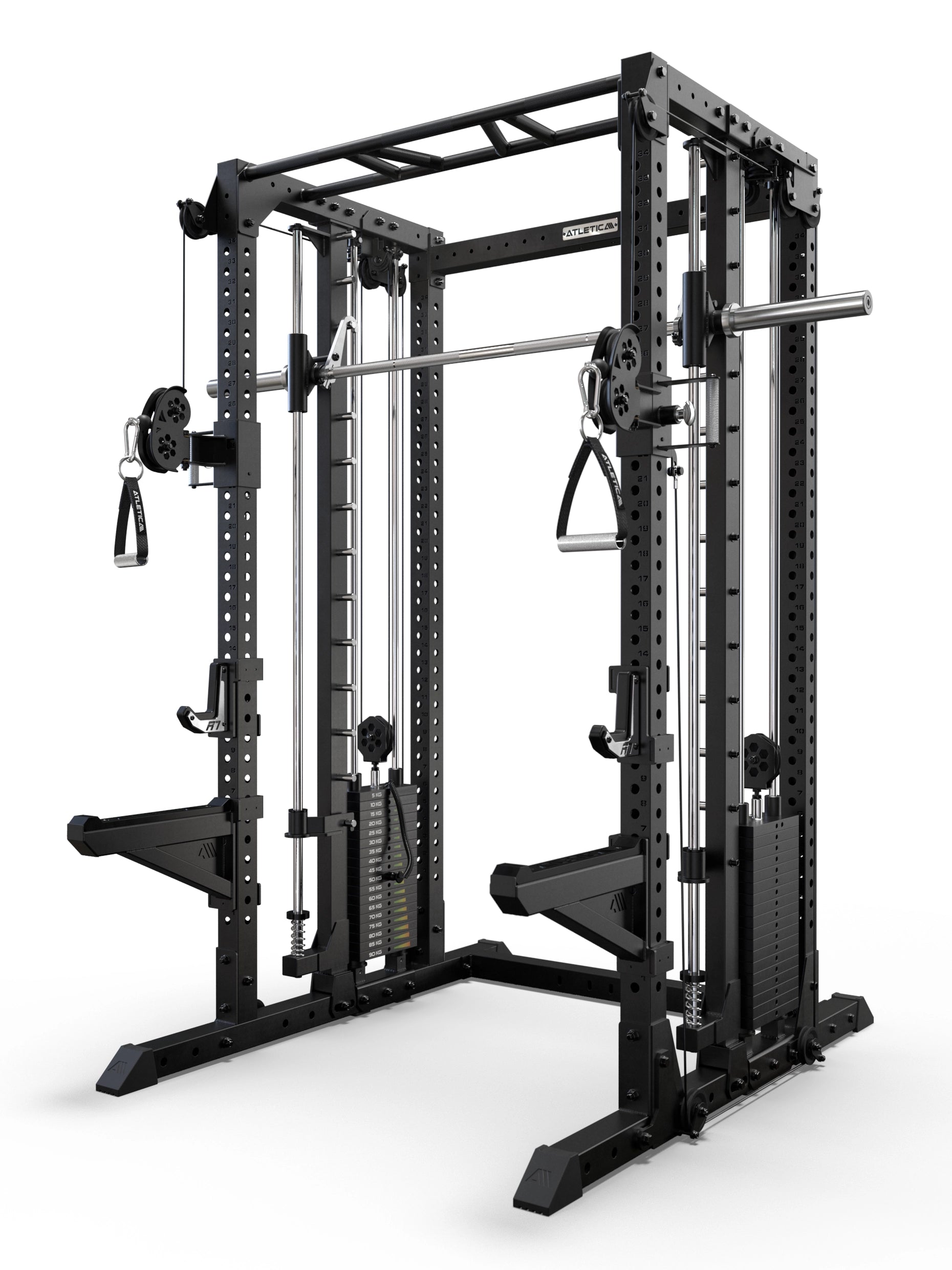 Atletica R7 Fighter Base Power Rack mit integrierter Kabelzugstation, Multipresse und Multi-Grip-Klimmzugstange in schwarzer Stahlkonstruktion
